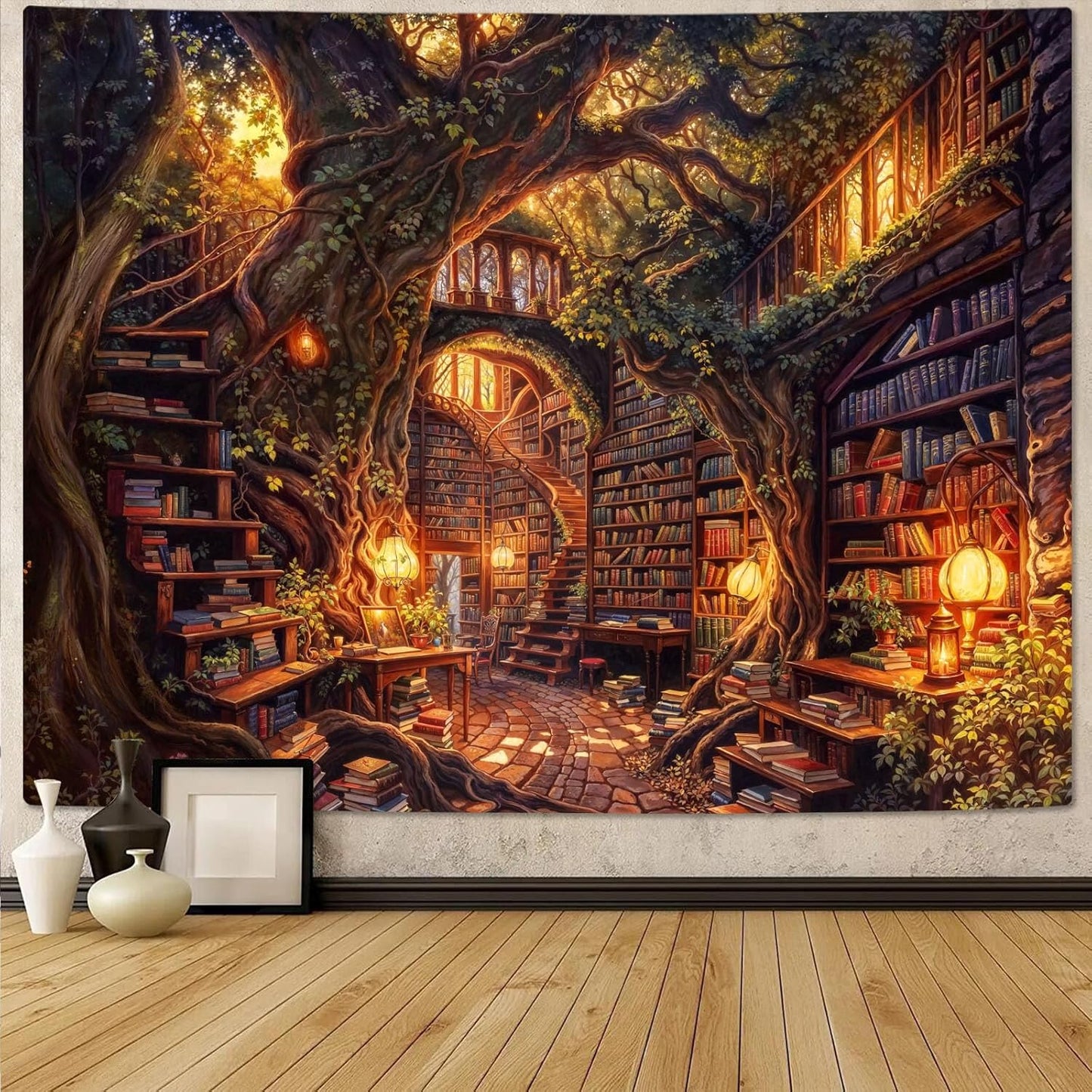 Accnicc Forest Library Tapestry Tree Bookshelf Tapestries Wall Hanging Vintage Fantasy Fairy Treehouse Book Extra Large Tapestry for Bedroom Living Room Dorm Classroom 90 x 68 inch
