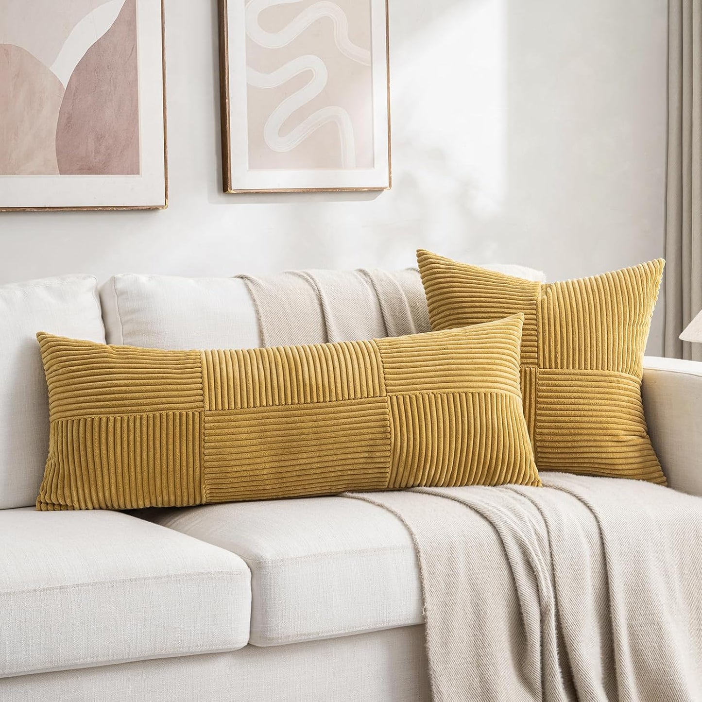 Fancy Homi 2 Packs Mustard Yellow Decorative Throw Pillow Covers 16x16 Inch for Living Room Couch Bed, Rustic Farmhouse Boho Home Decor, Soft Corss Patchwork Corduroy Textured Cushion Case 40x40 cm