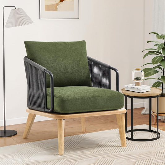 ANJ Accent Chair,Mid-Century Modern Reading Chair with Braid Armrests, Armchair for Living Room Bedroom Outdoor
