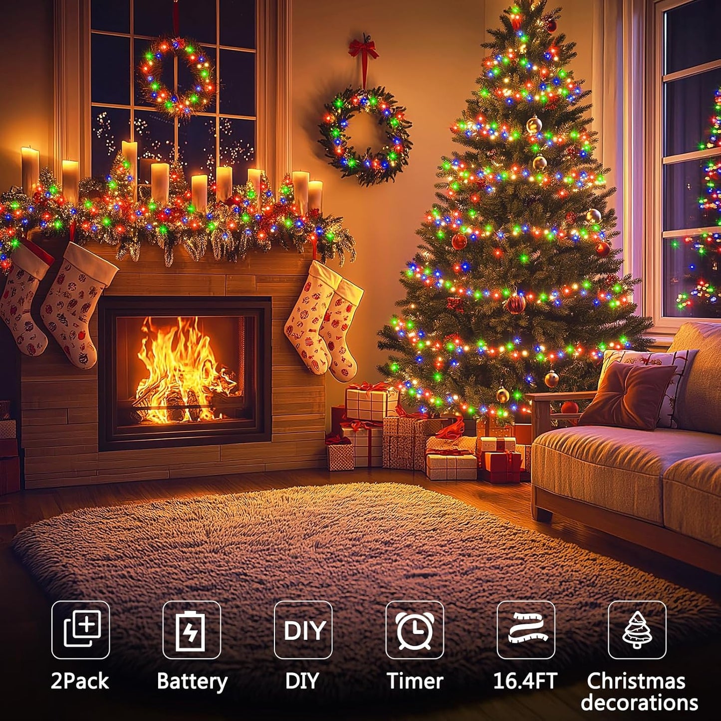 2 Pack Christmas Fairy Lights Battery Operated, 16.4FT 50 LED Dark Green Wire Micro Starry Twinkle Light with Auto Timer Waterproof, Indoor String Lights for Indoor Outdoor Yard Decor (Multicolor)