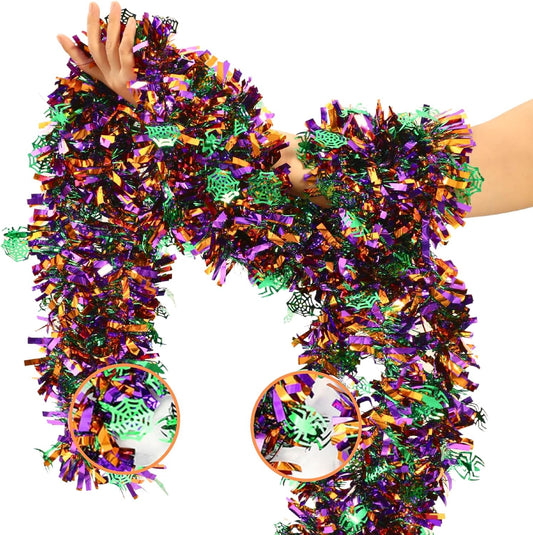 33 FT Halloween Tinsel Garland Decorations,Orange Purple Green Halloween Garland with Spider,Spider Web Shiny Metallic Garlands for Indoor Outdoor Decorations