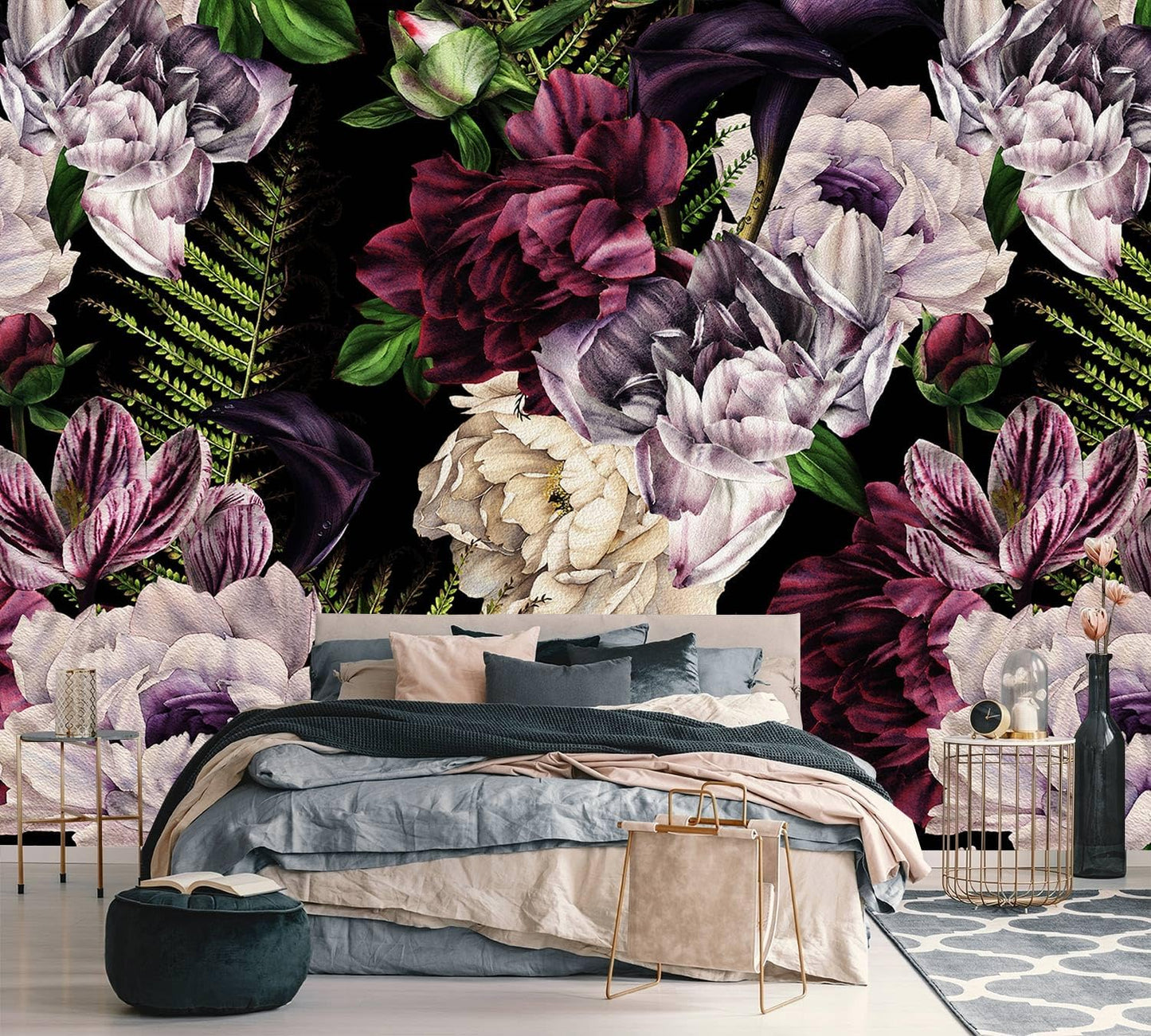 AFZEVEB-Purple Peony Wallpaper Watercolor Floral Wall Mural for Bedroom 159"x107"(Not Peel and Stick)