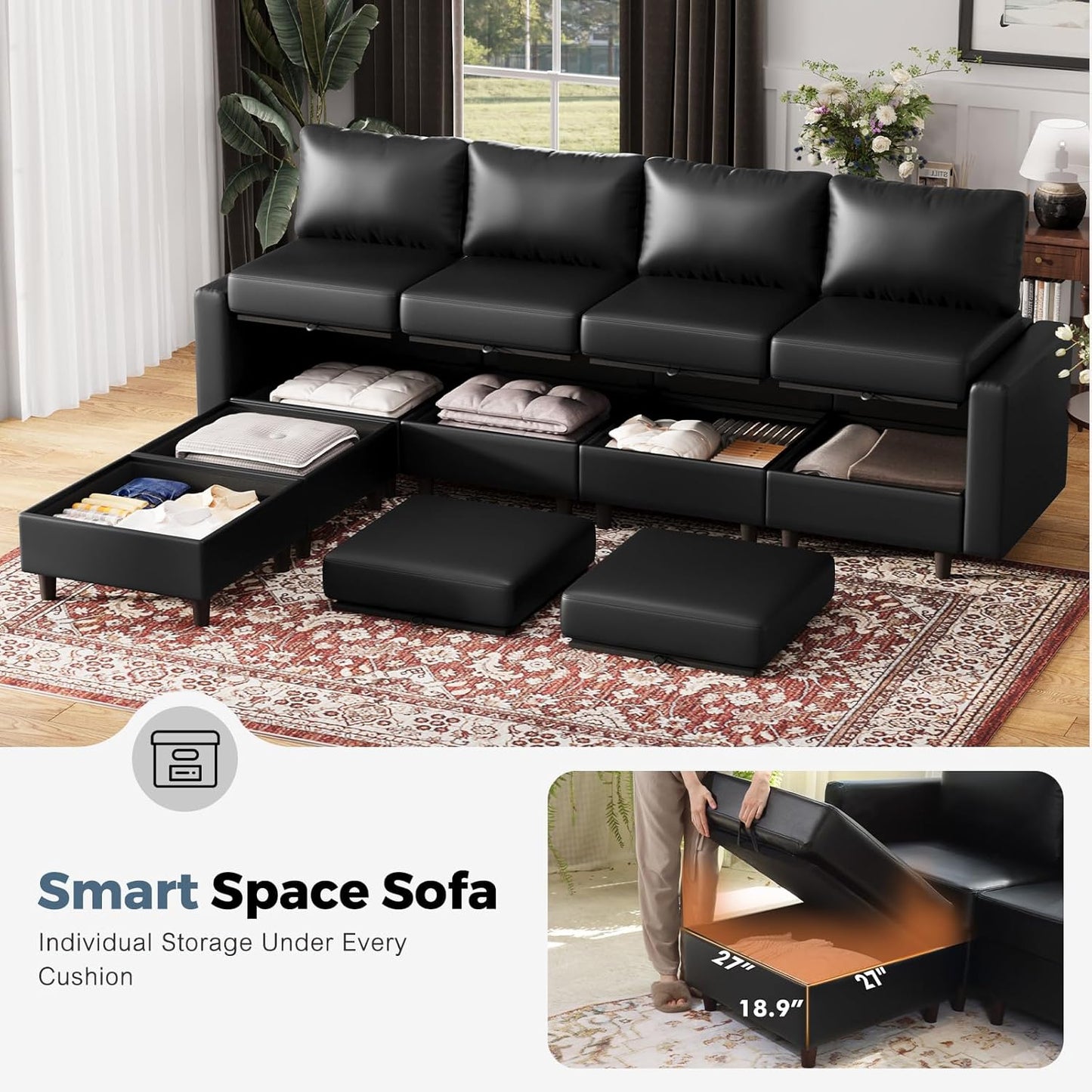 118.5" Faux Leather Modular Sectional Sofa with Storage Seat, Modern 6 Seater Couch Deep Seat with Removable Cover DIY Combination Black