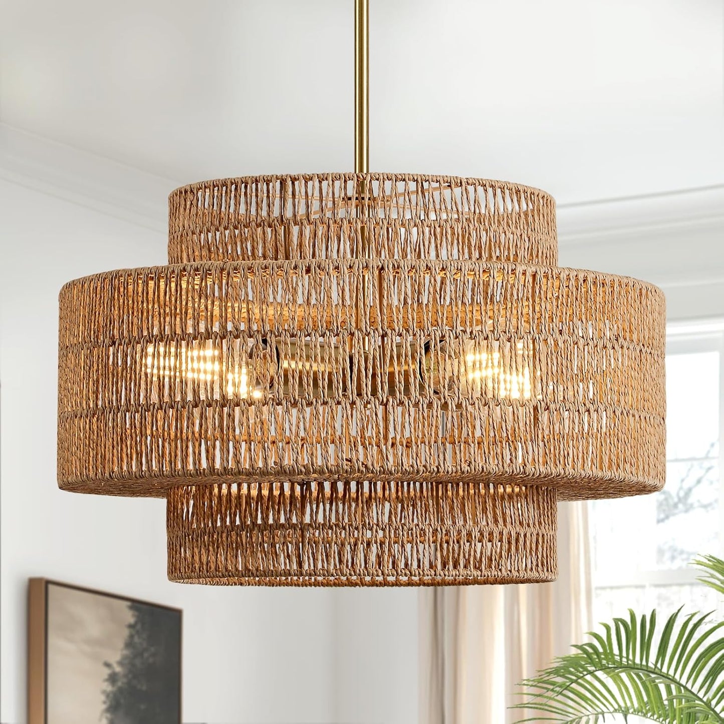 4-Light Boho Rattan Chandelier Light Fixture, 17.7” Hand Woven Rustic Chandeliers Farmhouse Chandelier Hanging Light for Dining Room Kitchen Island, Living Room, Foyer