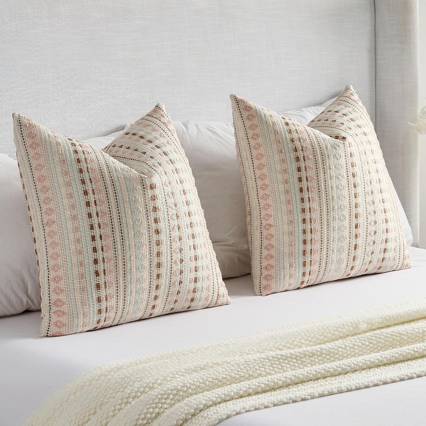 FUTEI Pink Blue Decorative Throw Pillow Covers 24x24 Inch Set of 2,Soft Cozy Chenille Jacquard Textured Euro Pillow Shams,Boho Home Decor for Couch Bed Living Room