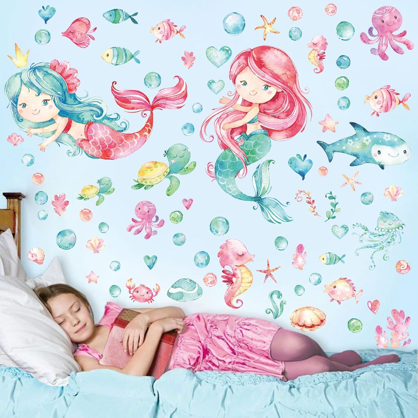 Luminous Mermaid Wall Stickers Decals,Glow in The Dark Mermaid Starfish Wall Decals, Glowing Self-Adhesive Stickers for Ceiling Decor, Kids Baby Room Wall Stickers Decoration for Girls Gifts (meireny)
