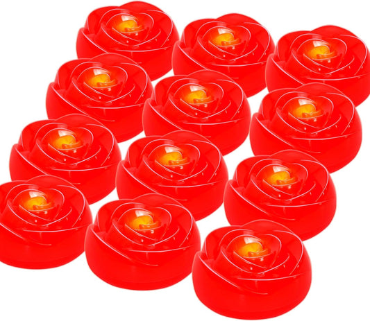 Aignis 12pcs Flameless LED Floating Candles, Red Rose Plastic Tealights Battery Operated, 120+ Hours Glow Time, Cozy Light for Romantic Pool/Bathtub/Hot Bath/Wedding Centerpiece Decor(D2.83 * H1.42)