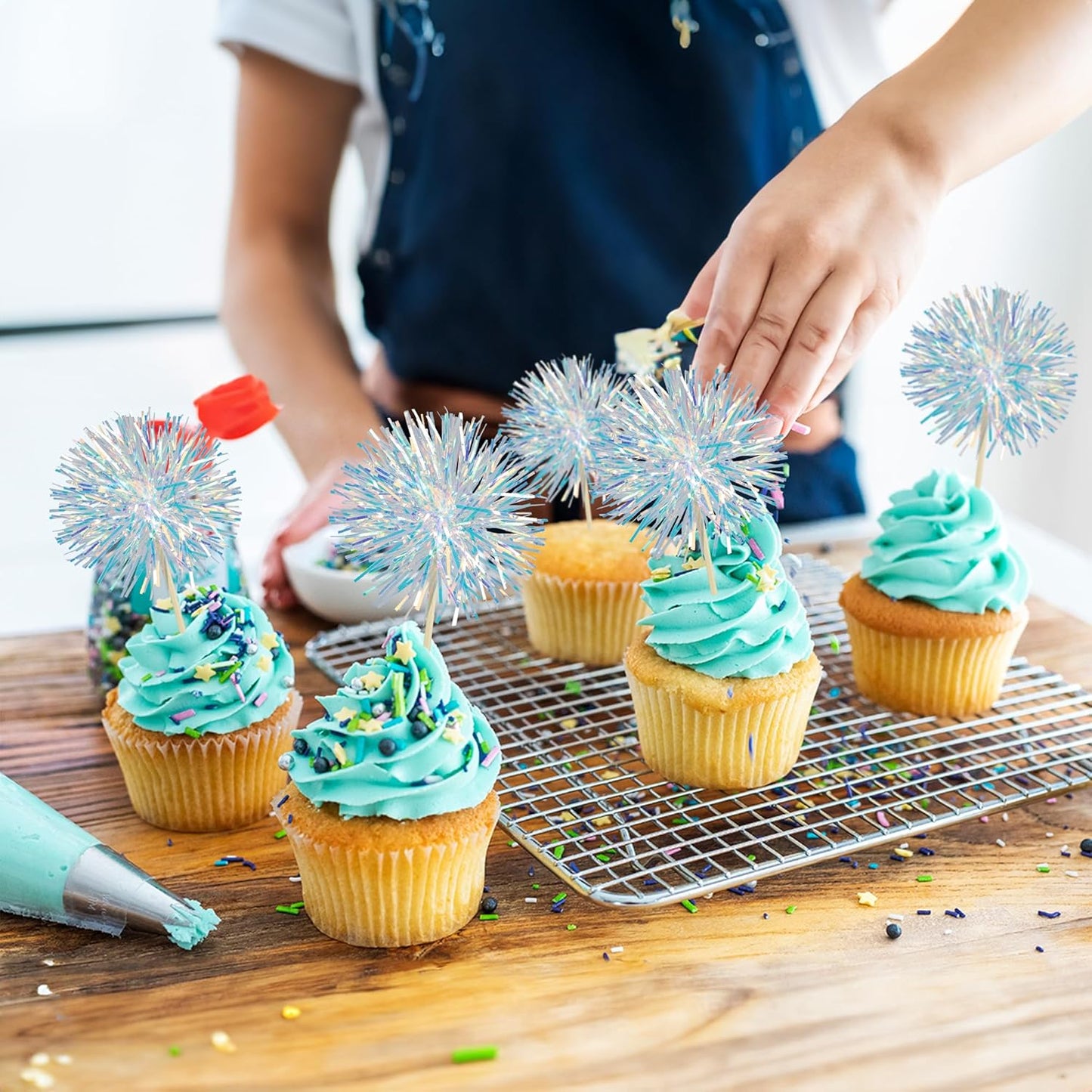 Ephlyn 30Pcs Foil Firework Cupcake Toppers Sparkle Tinsel Cupcake Picks Drink Stirrers Cocktail Food Fruit Toothpicks for Baby Shower Graduation Party Supplies White