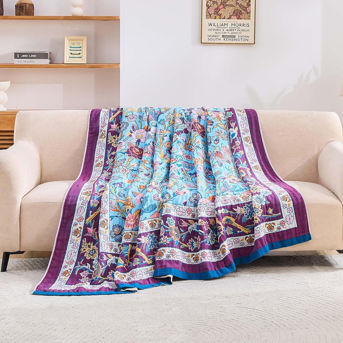 Fall Blanket for Bed, 100% Cotton Soft Rustic Boho Throw Blanket Quilt, 90"x98" Farmhouse Decor Bed Flower Blankets, Light Weight Reversible Bohemian Throw Quilt