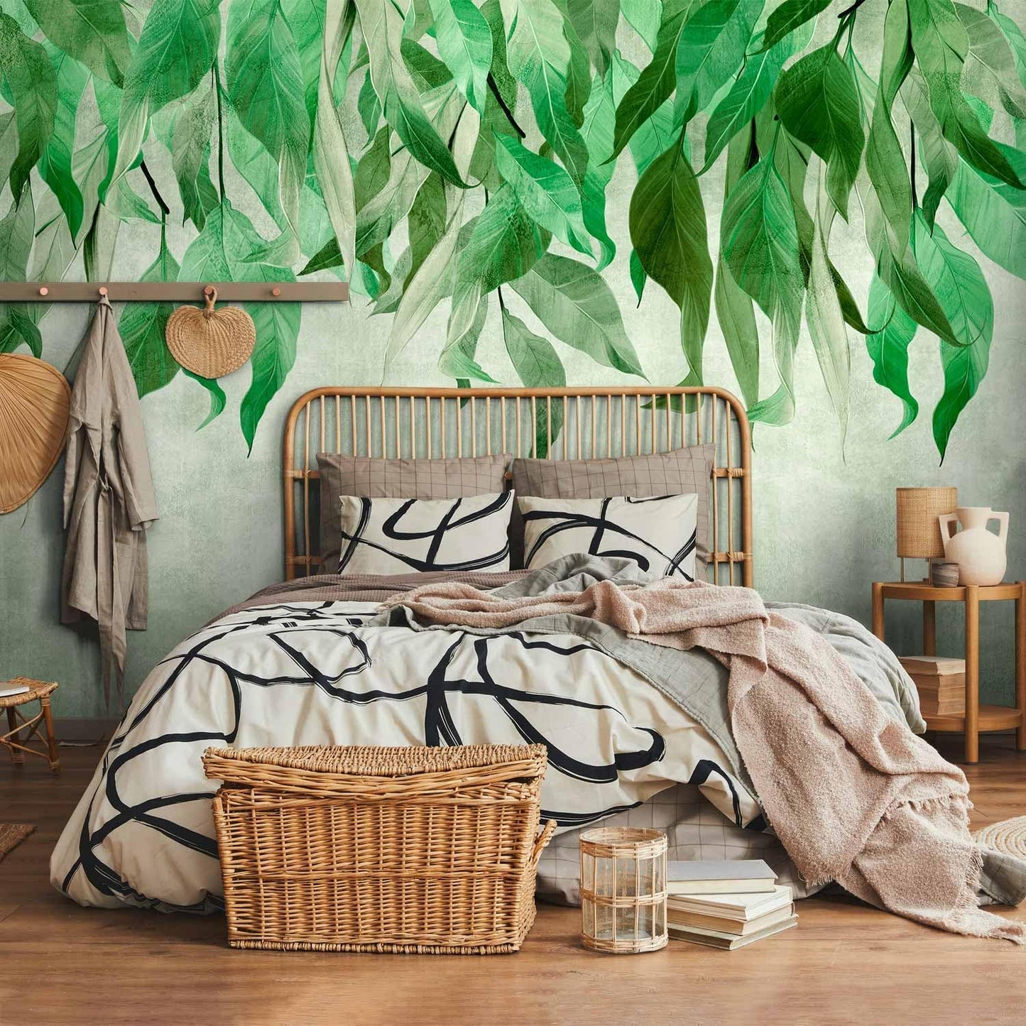 artgeist Premium Wall Mural Hanging Leaves 118x83 in - Non-Woven Wallpaper Fleece Wall Decor Photo Print Picture Image Design Nature Botanical Concrete Green Like Painted b-C-10146-a-a