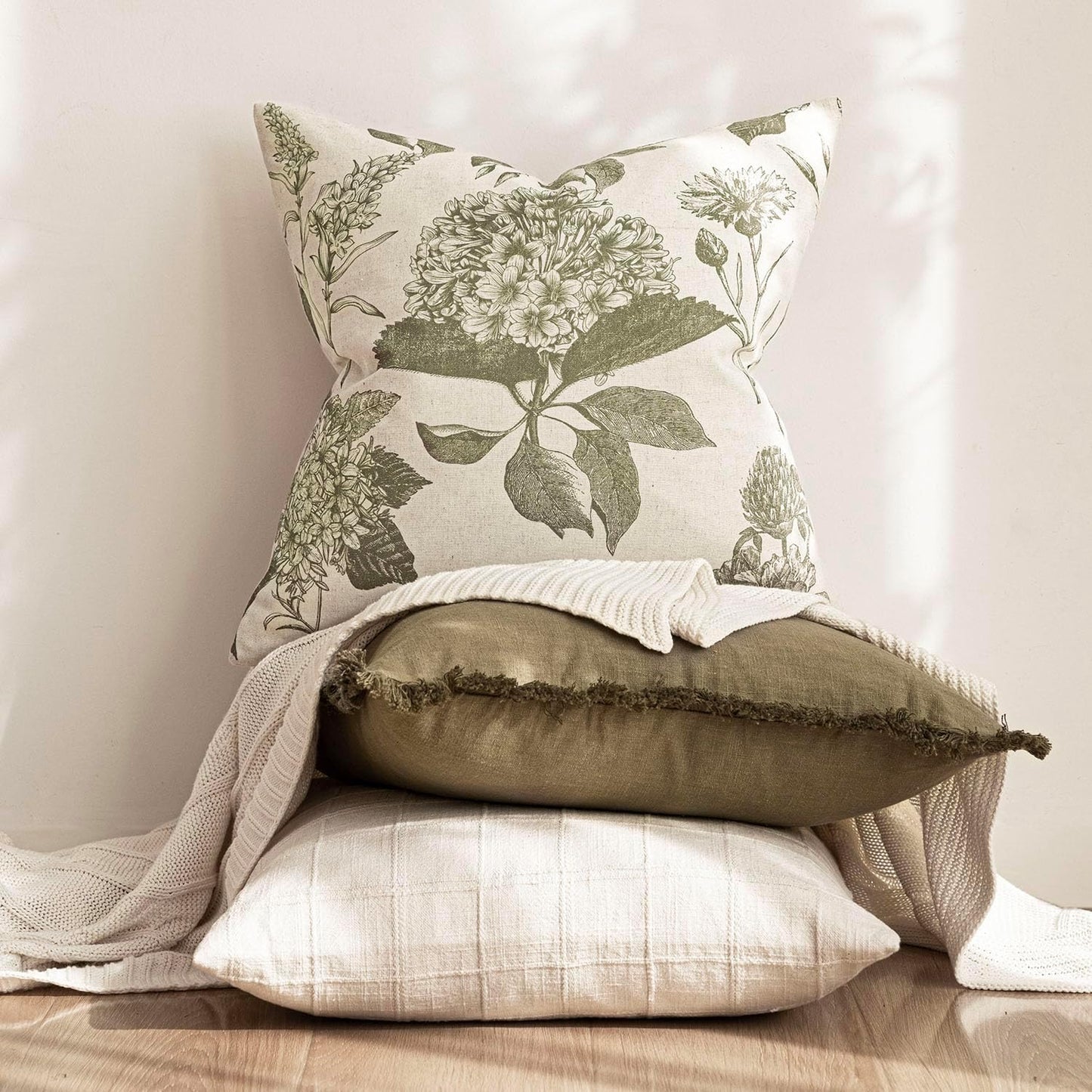 Foindtower Set of 2 Linen Floral Throw Pillow Covers Neutral Vintage Print Decorative Cushion Covers Farmhouse Boho Home Decor for Sofa Chair Couch Bedroom Living Room Outdoor,24×24 Inch,Sage Green