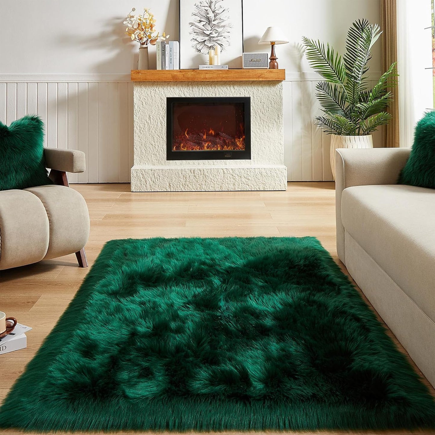 AMTOVO Faux Fur Sheepskin Rug for Living Room, 4 x 6 ft Dark Green Fluffy Area Rug for Bedroom, Playroom, Luxury Room Decor, Rectangle