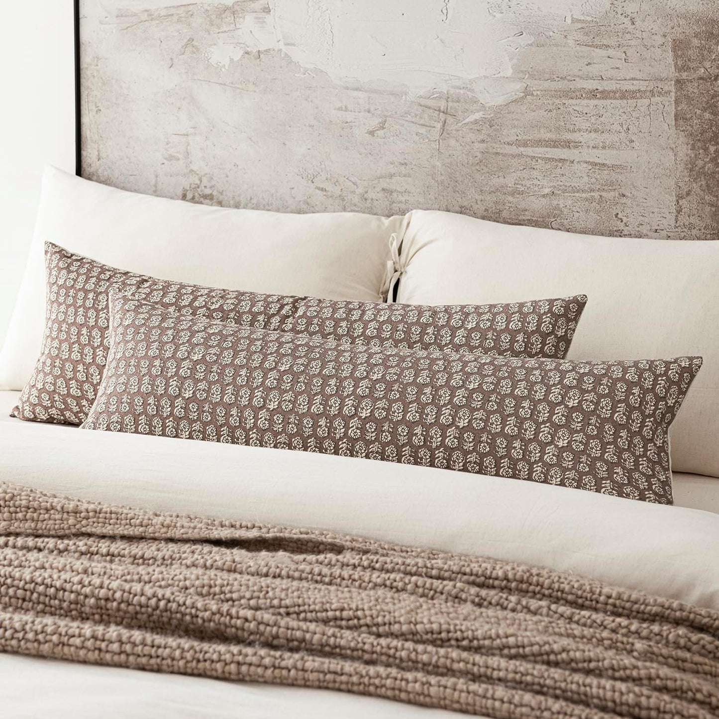 Foindtower Set of 2 Decorative Floral Long Body Lumbar Throw Pillow Covers Vintage Accent Farmhouse Cushion Covers Neutral Home Decor for Sofa Couch Chair Bedroom Living Room Outdoor,14×36 Inch,Brown