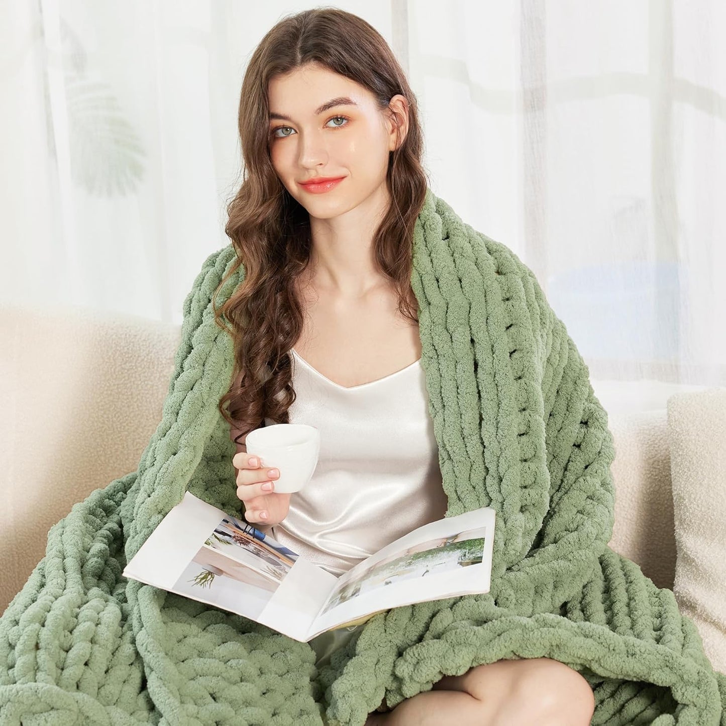 Admitrack Chunky Knit Blanket Throw, 100% Hand Knit Chenille Throw Blanket for Sofa & Home Decor, Soft and Cozy Knitted Throw Blankets (Sage Green, 60""x80""), XNR010