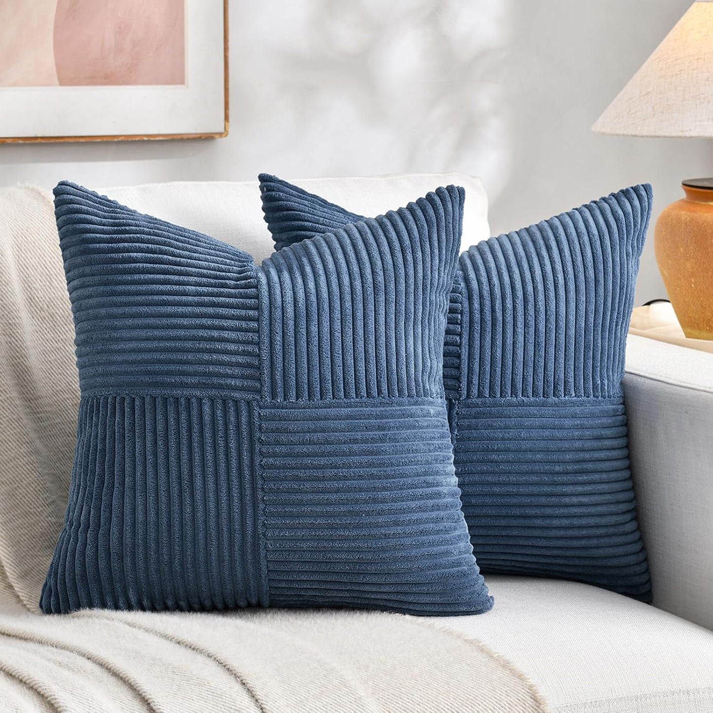 Fancy Homi 2 Packs Dusty Blue Decorative Throw Pillow Covers 22x22 Inch for Living Room Couch Bed Sofa, Farmhouse Boho Home Decor, Soft Corss Corduroy Patchwork Accent Square Cushion Case 55x55 cm