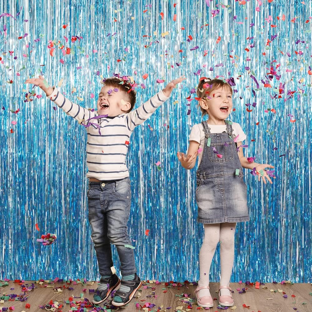 GOER 6.4 ft x 8.2 ft Metallic Tinsel Foil Fringe Curtains,Pack of 2 Party Streamer Backdrop for Birthday,Graduation Decorations and New Year Eve (Light Blue)