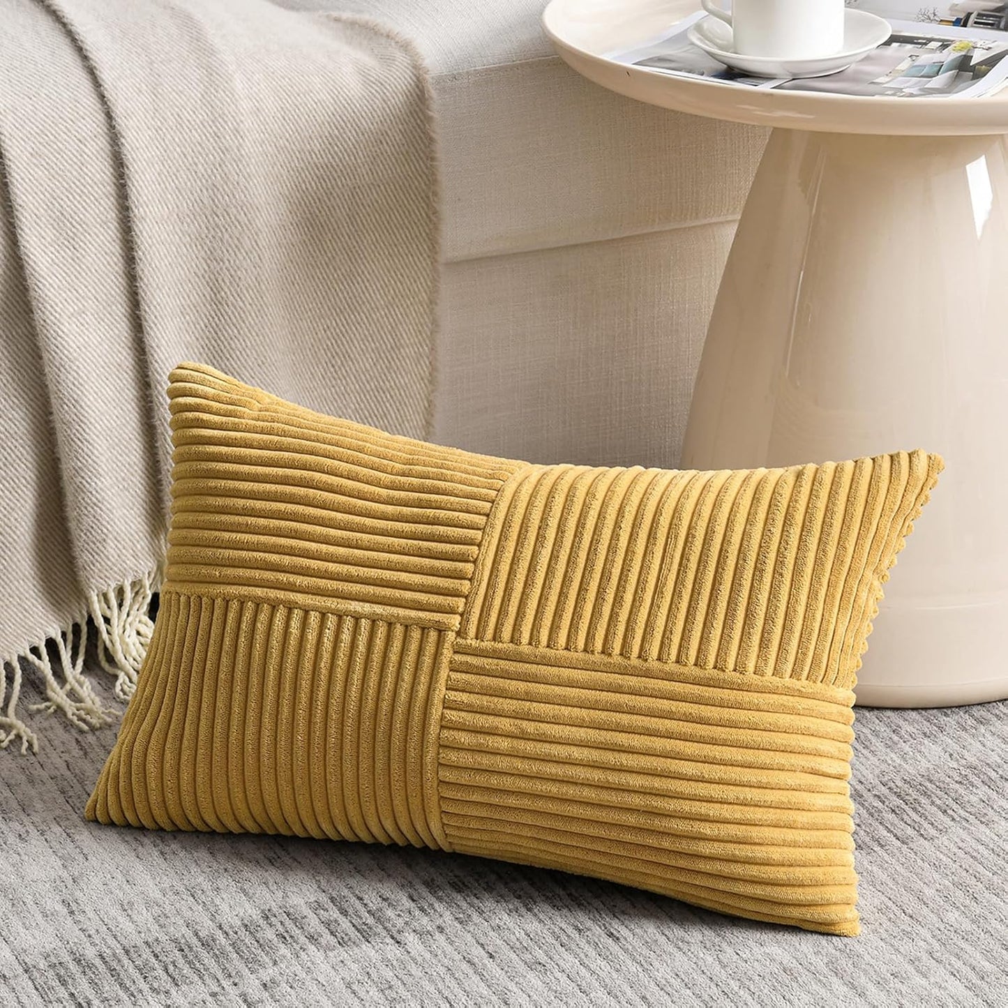 Fancy Homi 2 Packs Mustard Yellow Long Lumbar Decorative Throw Pillow Covers 12x24 Inch for Couch Bed, Rustic Farmhouse Boho Home Decor, Soft Striped Corduroy Rectangle Accent Cushion Case 30x60 cm