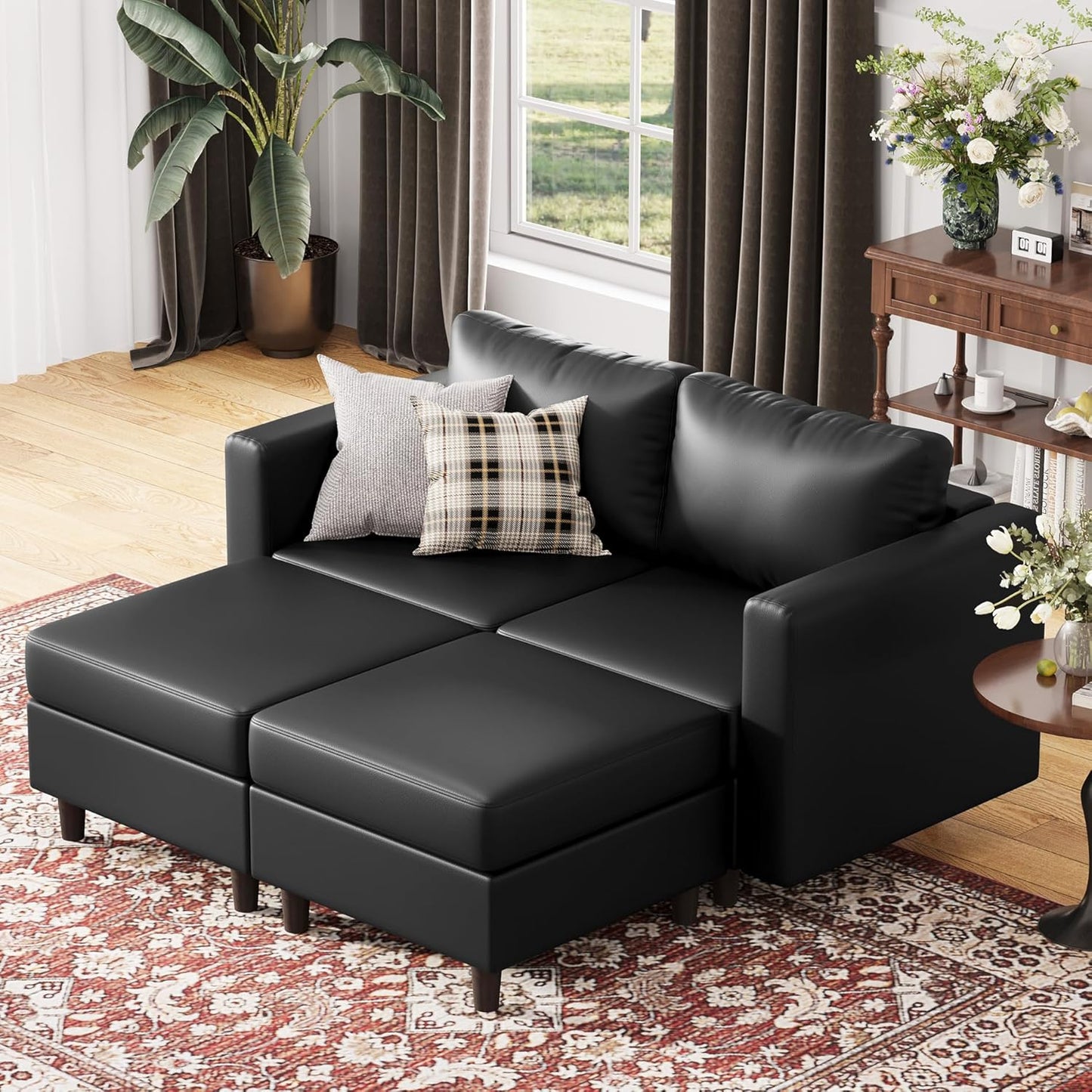 ABCASA 64.6" Faux Leather Loveseat Sleeper Sofa Bed with Storage Seat, Modern Modular Sectional Couch Deep Seat with Reversible Chaise 2-Seat Black for Apartment, Living Room, Bedroom