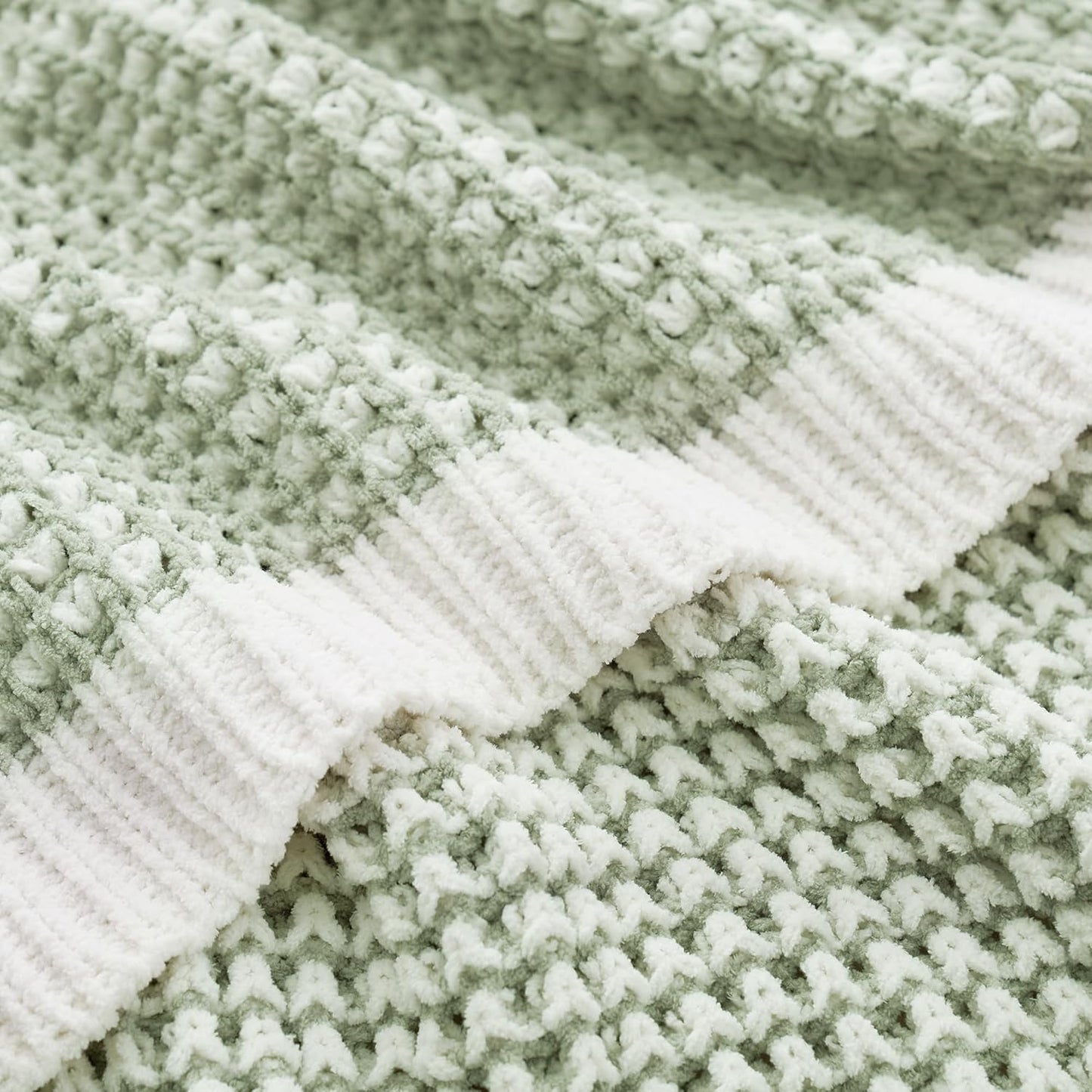 Amélie Home Chenille Waffle Throw Blanket for Couch, Reversible Pineapple Stitch Knit Soft Cozy Knit Blanket Lightweight Warm Decorative Throw for Sofa, Bed, Living Room, 60 * 80", Sage Green&Ivory