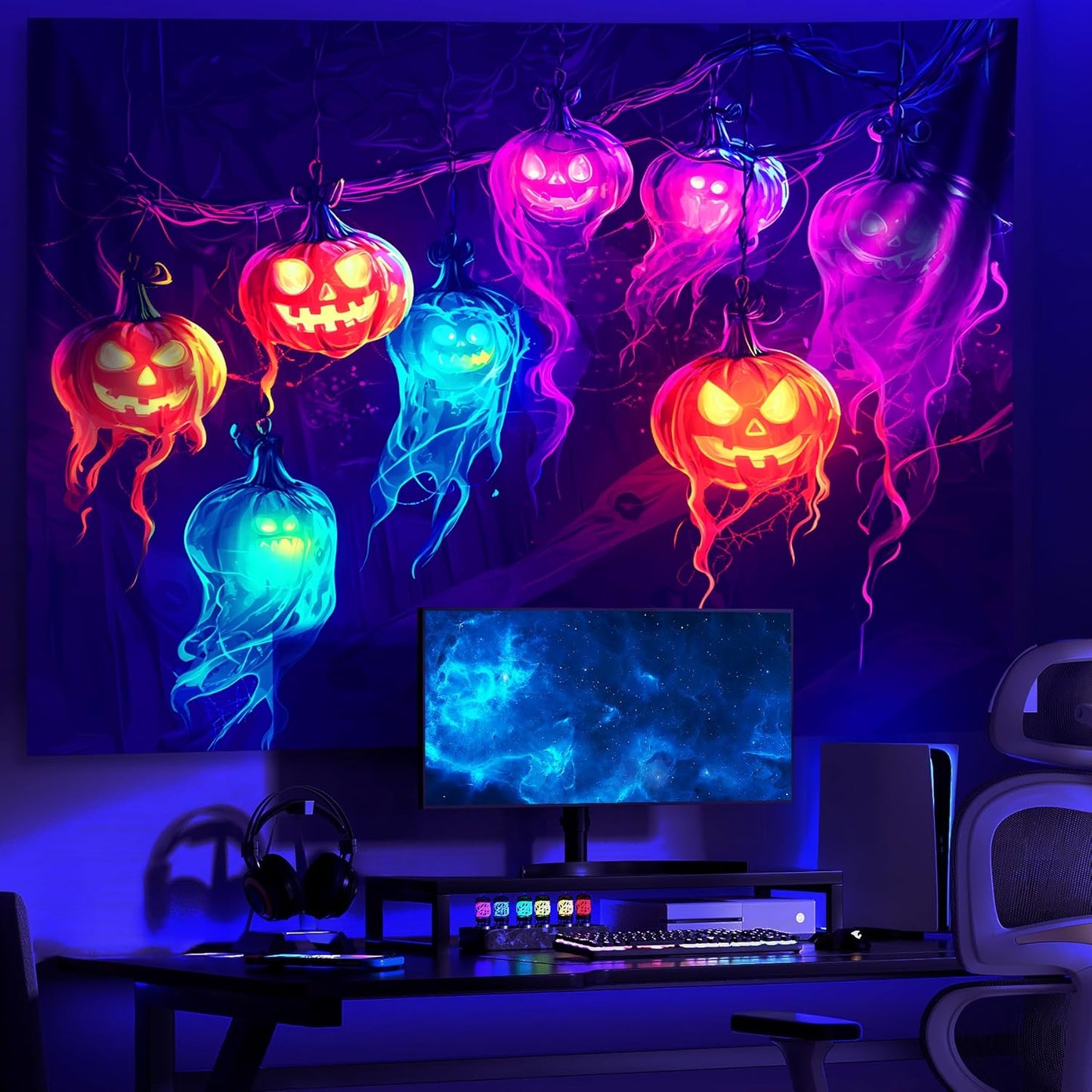 AOHMPT Glow-in-the-Dark Halloween Tapestry - UV Reactive Black Light Wall Hanging Decor for Spooky Parties, Bedroom, Living Room (Jack-o'-lantern, 59" L x 51" W, Unframed)