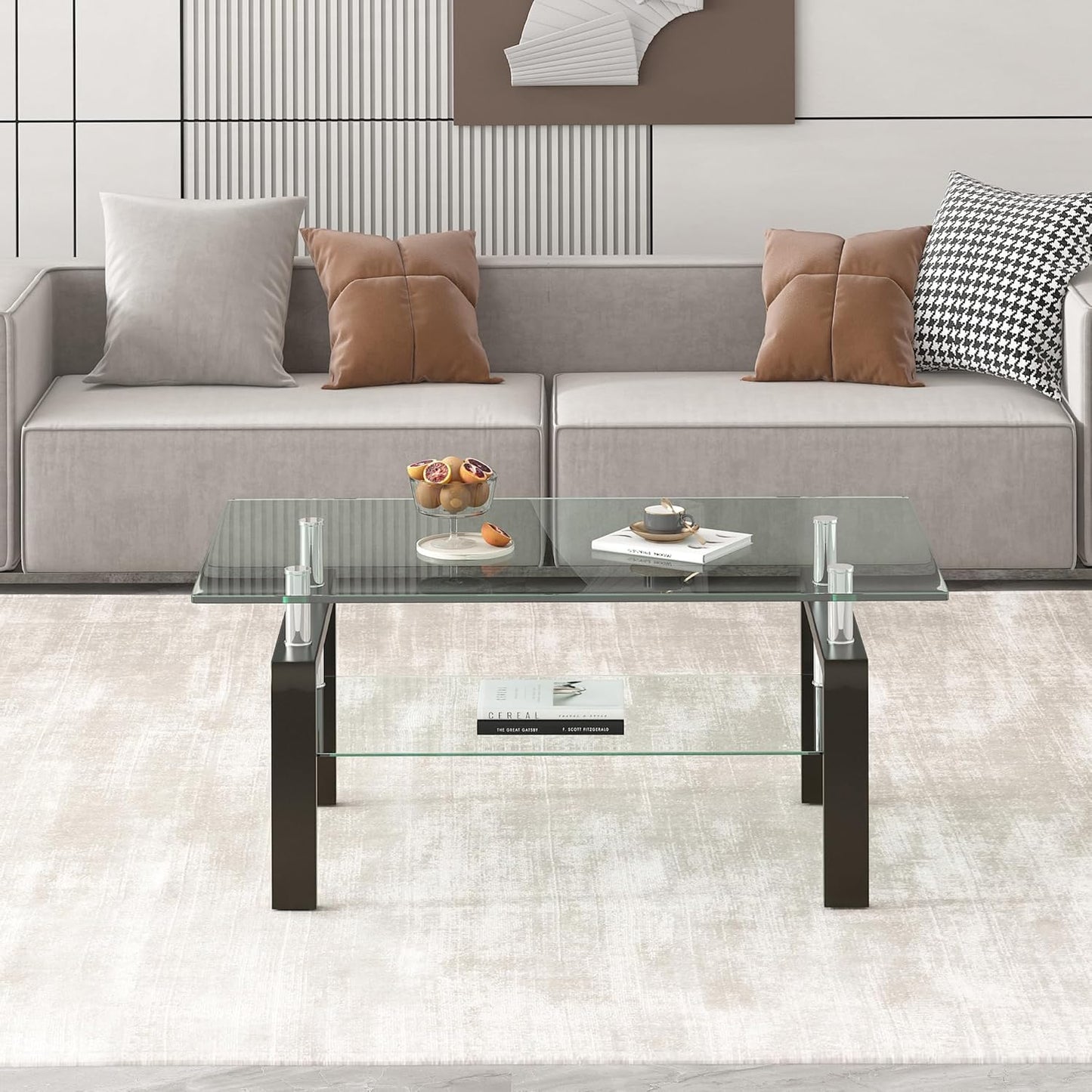 Glass Coffee Table Rectangle Living Room Center Table, with Tempered Glass Tabletop Black Metal Leg,for Living Room and Office (Dou-Clear Glass)