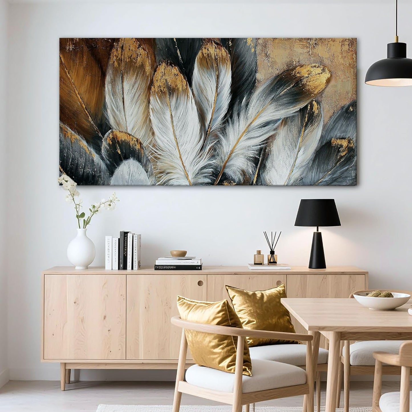 Feather Wall Art Modern Living Room Bedroom Wall Decoration Large Giclee Print Canvas Painting Artwork for Home Decor One Piece White Gold Brown Feather Picture Ready to Hang 24x48 Size
