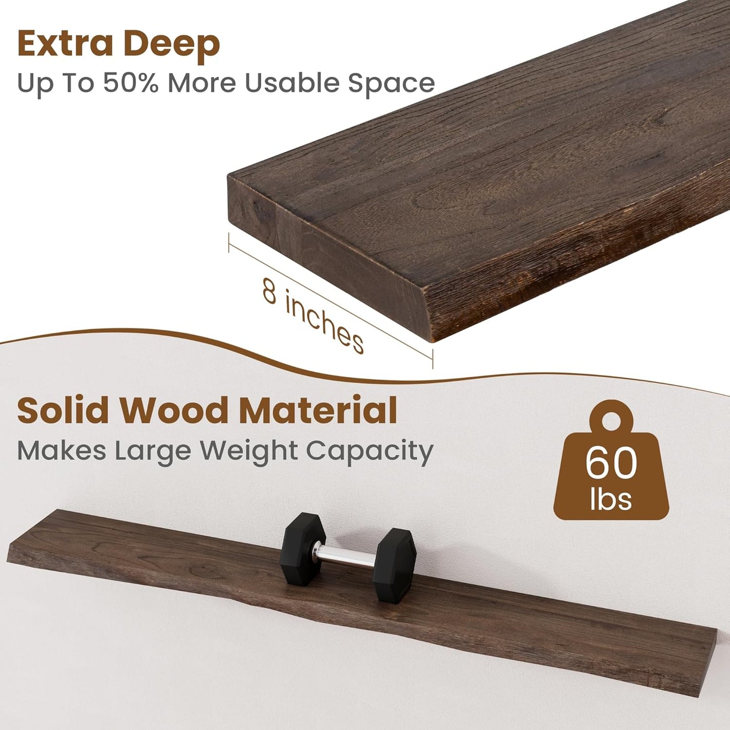 Floating Shelves for Wall Decor, Rustic Solid Elm Wood Live Edge Floating Shelves Wall Mounted, Wall Shelves with Invisible Bracket for Living Room Bathroom Bedroom Kitchen, 55 Inch, Walnut