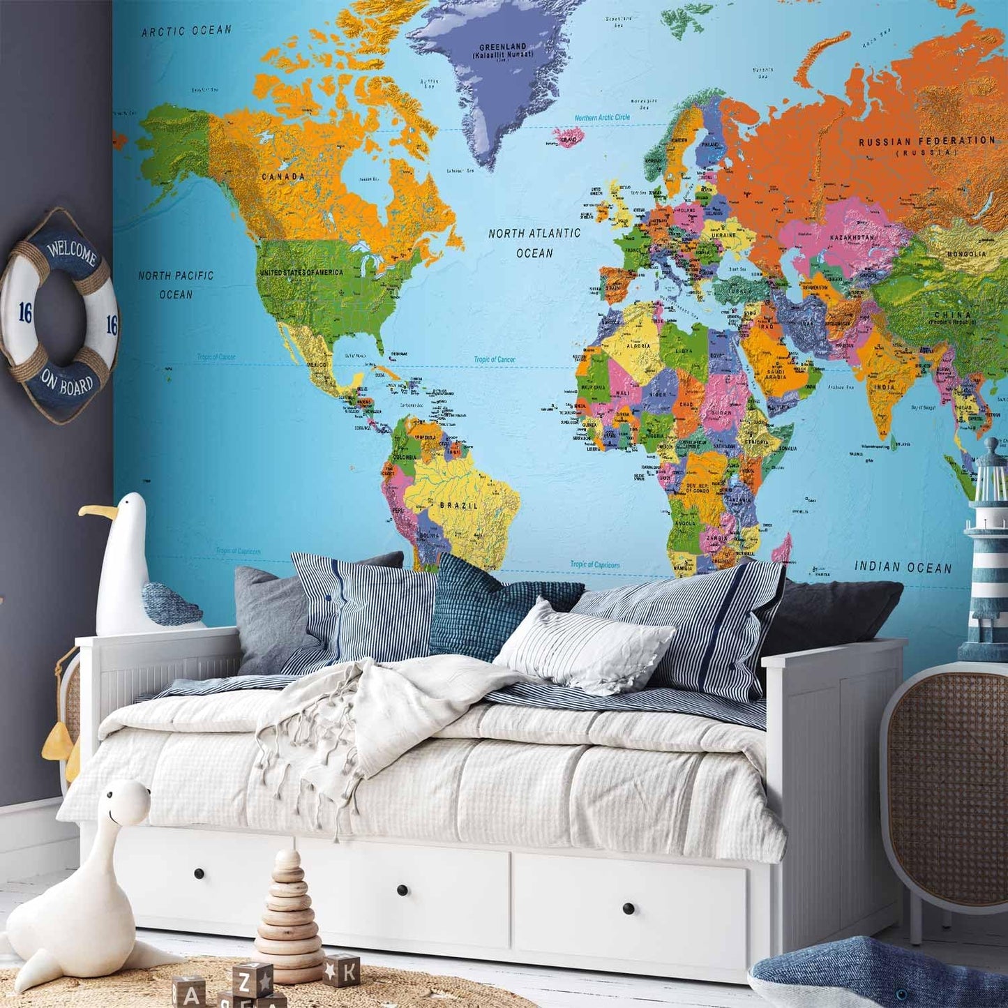 artgeist Premium Wall Mural World Map 118x83 in - XXL Non-Woven Wallpaper Fleece Wall Decor Photo Print Picture Image Design Home Map of The World k-A-0095-a-a