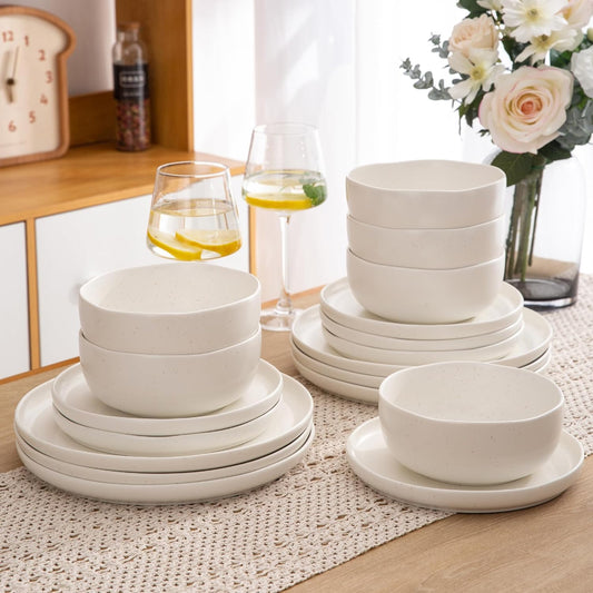 AmorArc Ceramic Dinnerware Sets, Wavy Rim Stoneware Plates and Bowls Sets, Highly Chip and Crack Resistant | Dishwasher & Microwave & Oven Safe Dishes set, Service for 6 (18pc)-Matte Speckled White