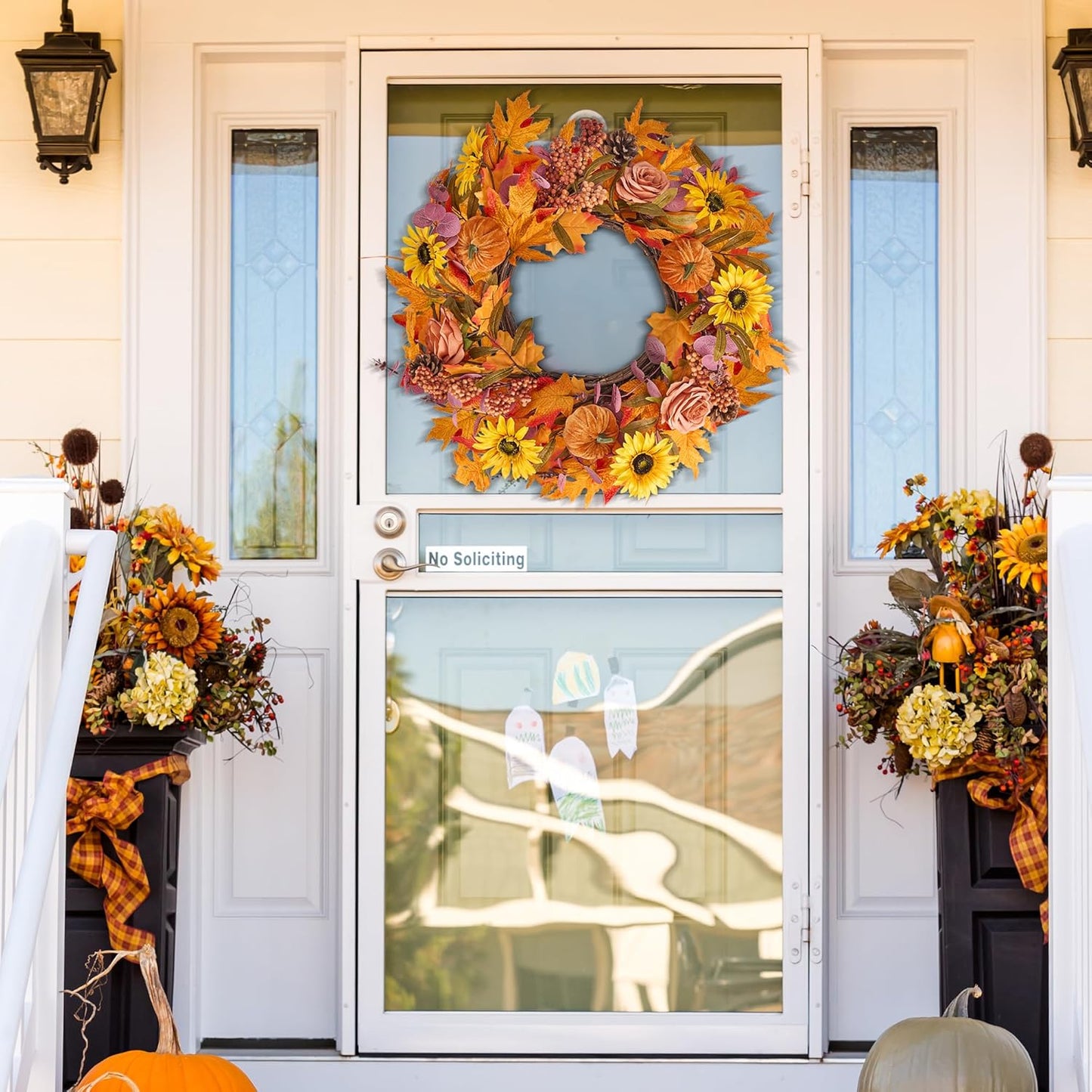 GENMOUS 24Inch Fall Wreaths for Front Door, Autumn Velvet Pumpkin Wreath Autumn Maple Leaves Porch Decor, Farmhouse Wreaths Home Wall Outdoor Indoor Thanksgiving Halloween Harvest Festival Fall Decor