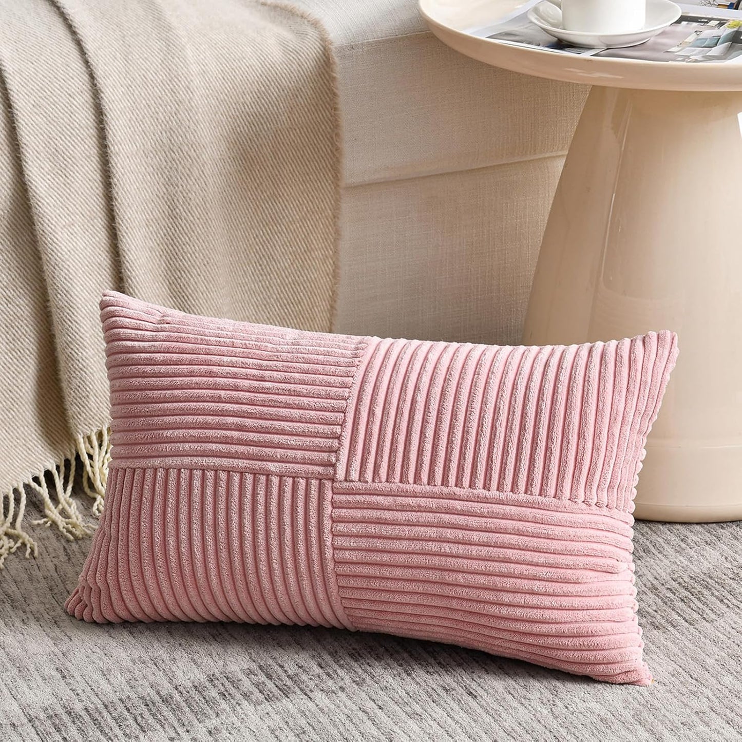 Fancy Homi 2 Packs Blush Pink Lumbar Decorative Throw Pillow Covers 14x24 Inch for Couch Bed, Rustic Farmhouse Boho Home Decor, Soft Striped Corduroy Rectangle Accent Cushion Case 35x60 cm