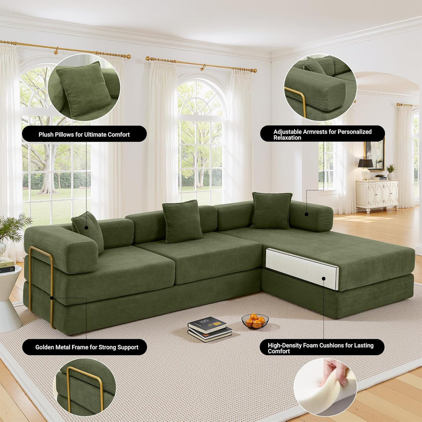 108" Oversized Convertible Sleeper Sofa Bed, Corduroy L Shape Sectional Couch, Folding Sofa Bed with Side Pocket, Modern Cloud Floor Mattress Couch, Modular Sofa for Living Room, Green