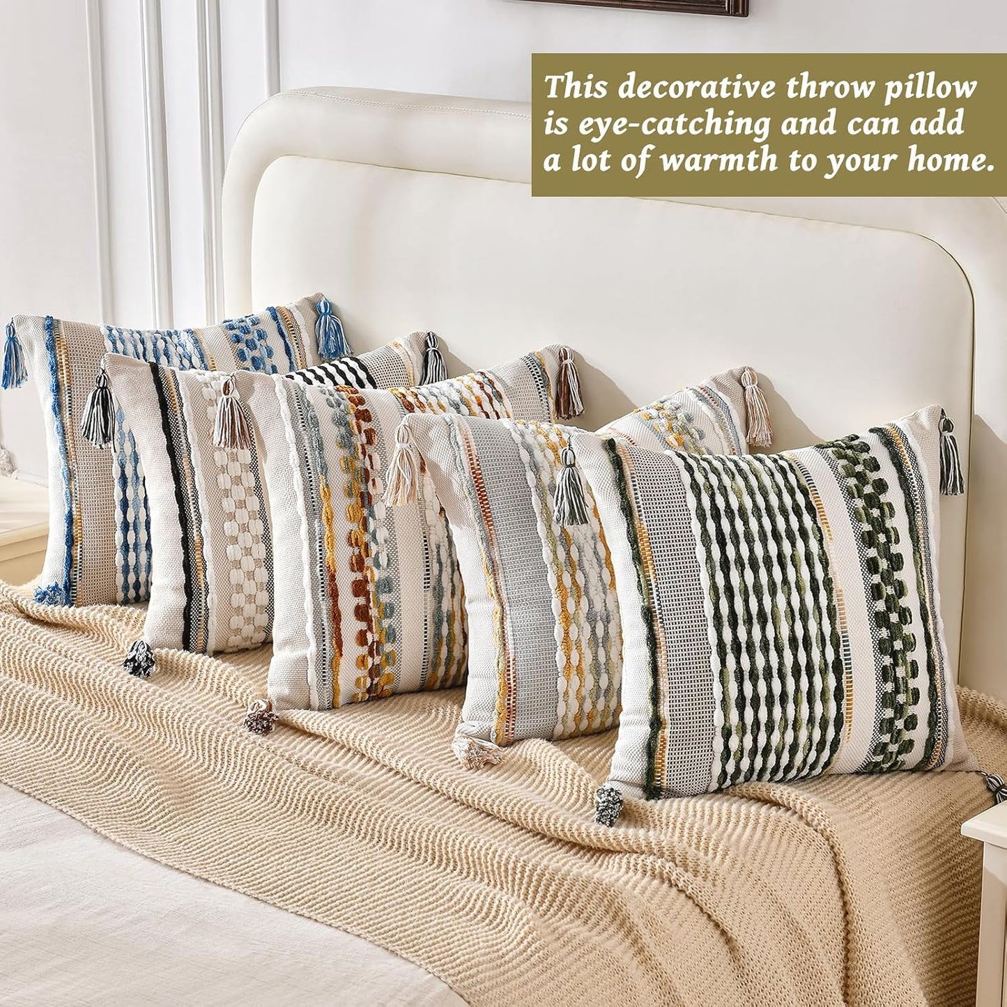 AmHoo Set of 2 Chenille Striped Textured Boho Throw Pillow Covers Aesthetic with Tassels Woven Decorative Pillow Case for Couch Bed Sofa Bedroom Modern Funky 18 x 18-Inch Brown