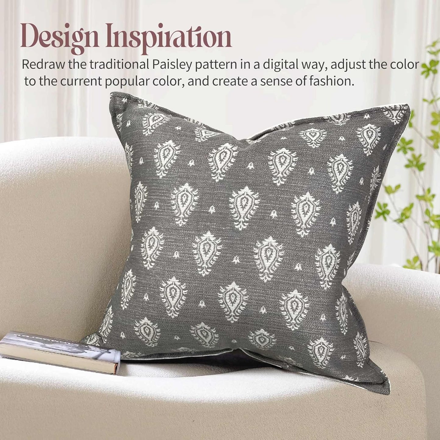 Floral Throw Pillow Covers 18x18 Set of 2, Dark Grey Decorative Pillow Covers Neutral Faux Linen Cotton Blend, Vintage Look for Couch, Sofa, Bed, Living Room