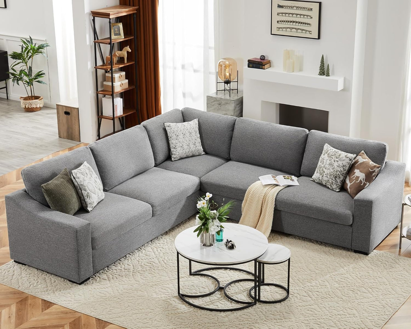 112" L Shaped Sectional Sofa with Detachable Sofa Cover, Reversible Sectional Modular Couch for Living Room, Linen Fabric Corner Couch with 7 Seats, Grey