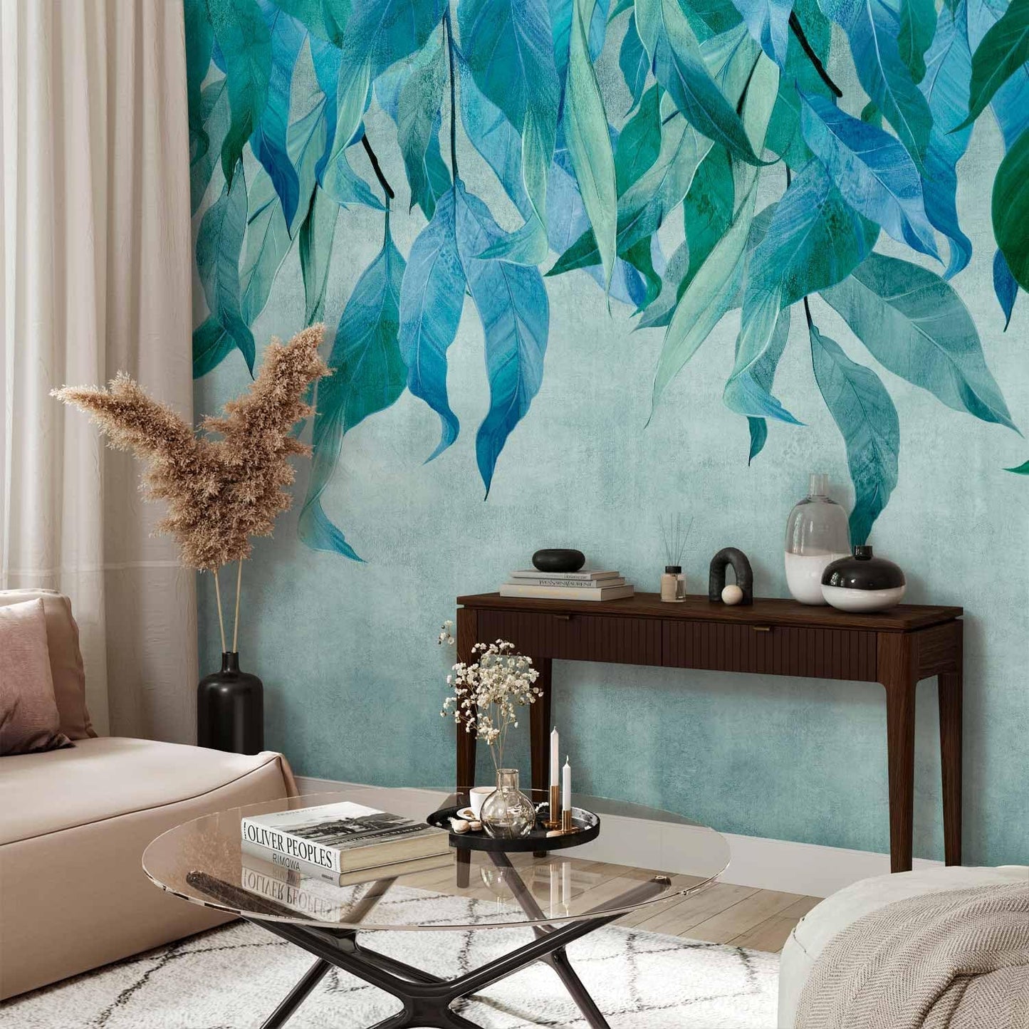 artgeist Wall Mural Hanging Leaves 173x124 in - Peel and Stick Self-Adhesive Wallpaper Removable Large Sticker Foil Wall Decor Print Picture Image Design Nature Botanical Concrete Green b-C-10146-a-b