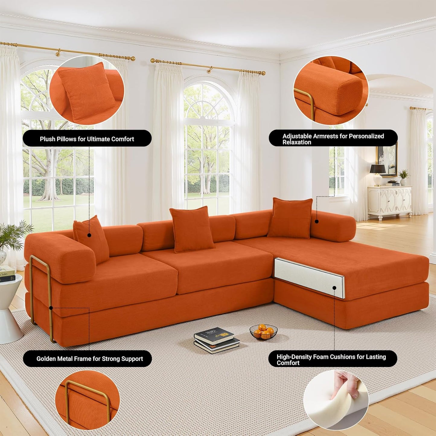 108" Oversized Convertible Sleeper Sofa Bed, Corduroy L Shape Sectional Couch, Folding Sofa Bed with Side Pocket, Modern Cloud Floor Mattress Couch, Modular Sofa for Living Room, Orange