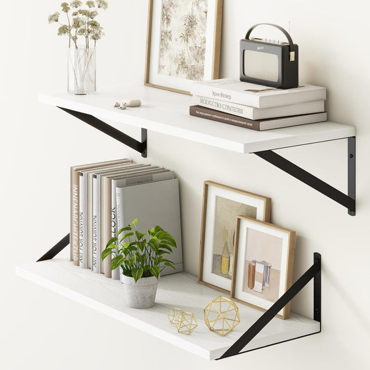 Fun Memories 27.5" W x10 D Floating Shelves, White Wall Shelf with Brackets, 10 Inch Deep Floating Shelf Set of 2, Large Storage Kitchen Living Room Bathroom Shelves, Wood Wall Mounted Shelf