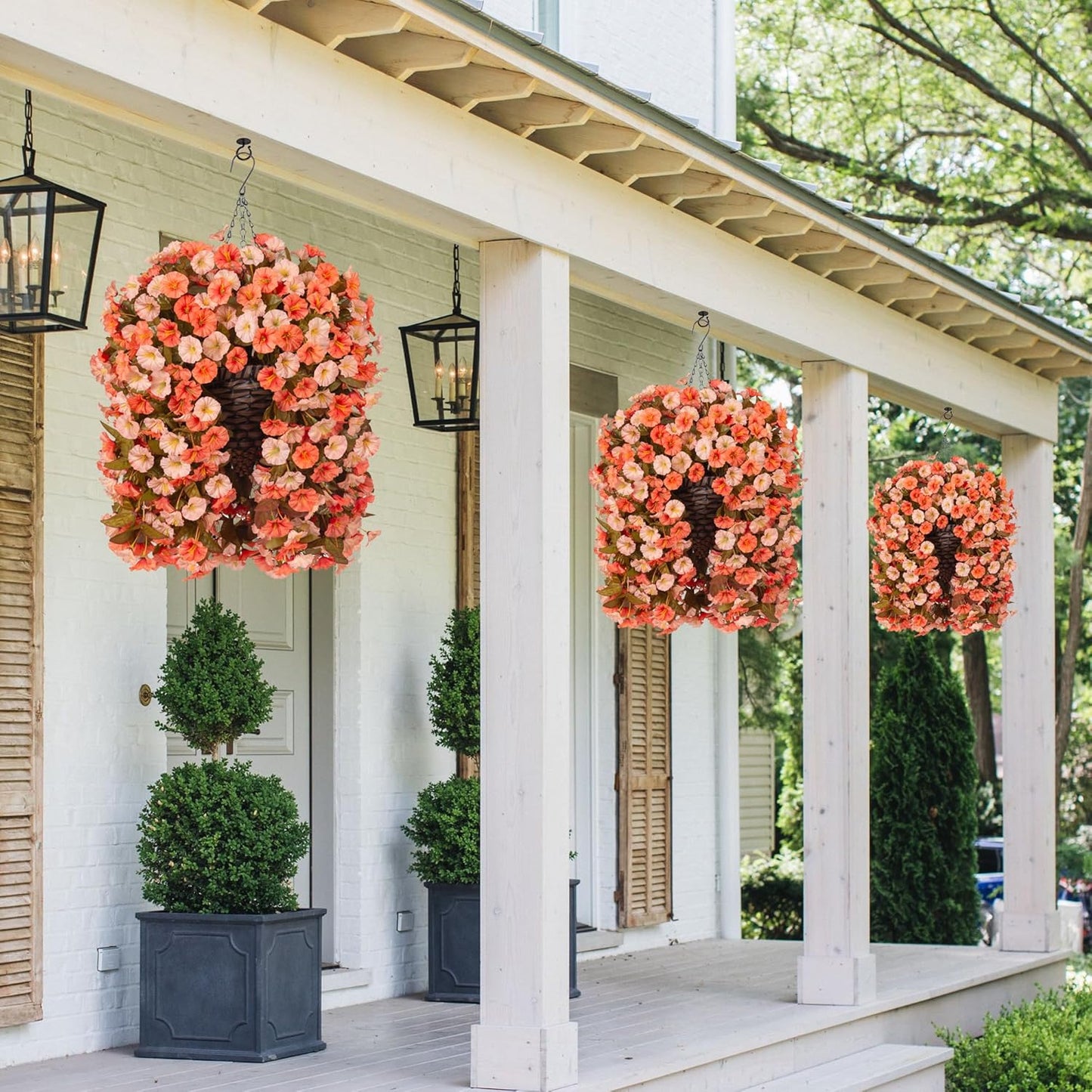 Artificial Fake Fall Hanging Flowers Plants Basket for Outdoor Autumn Decoration, Faux Silk Morning Glory Long Vines Realistic UV Resistant for Outside Home Porch Garden (Fall Orange+Light Orange)