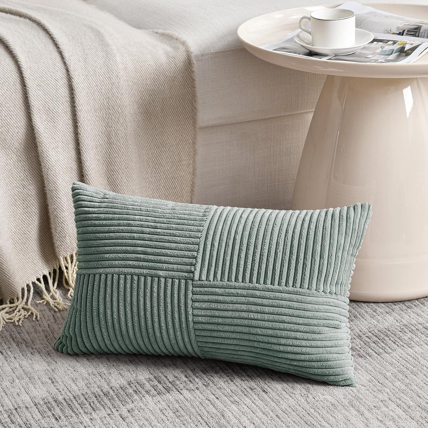 Fancy Homi 2 Packs Grey Blue Long Lumbar Decorative Throw Pillow Covers 12x24 Inch for Couch Bed Sofa, Rustic Farmhouse Boho Home Decor, Soft Striped Corduroy Rectangle Accent Cushion Case 30x60 cm