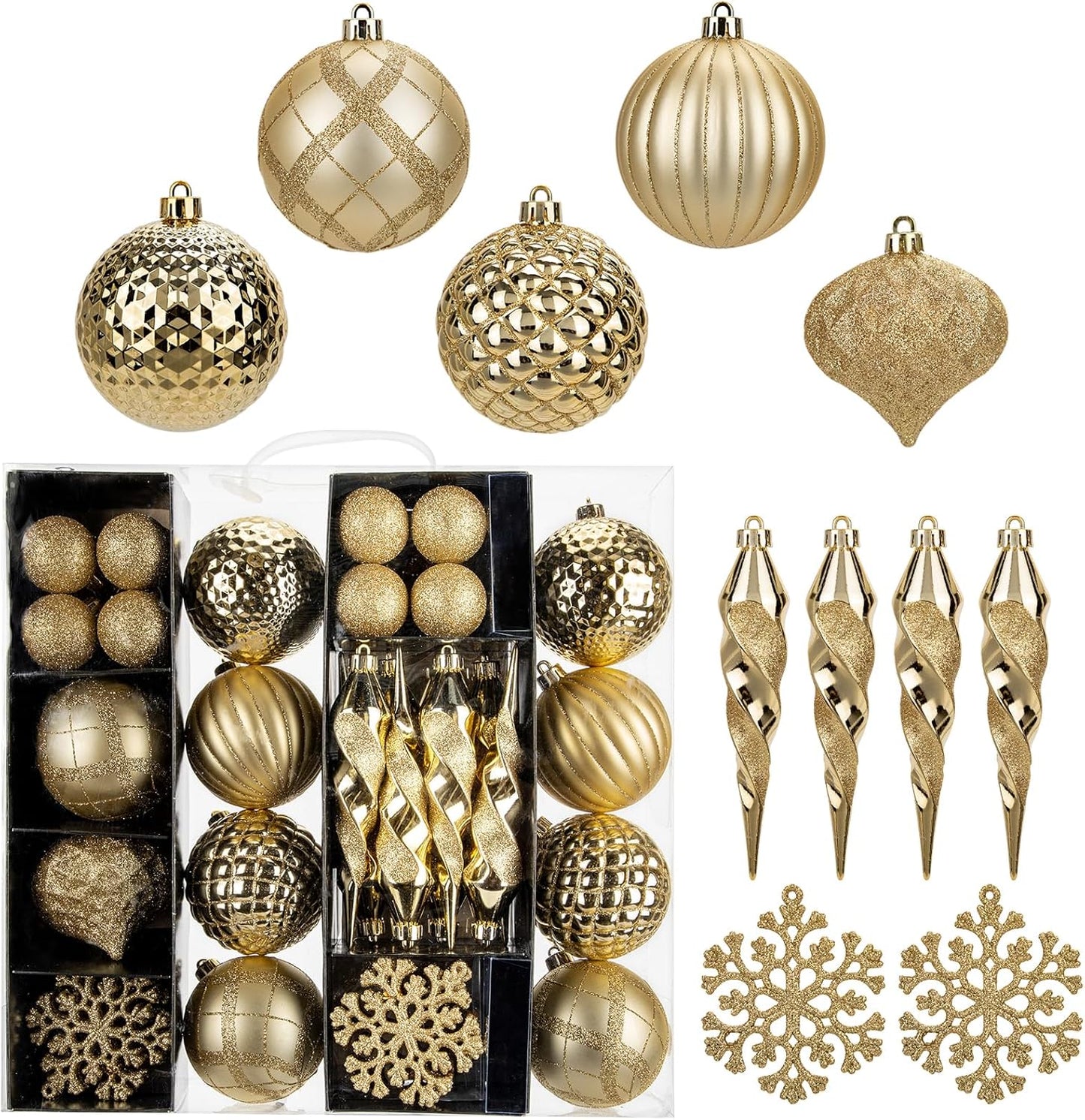 50PCS Christmas Tree Ornaments Set with Shatterproof Balls Icicle Snowflake Hanging Ornaments for Home Office Farmhouse Christmas Decorations, Gold