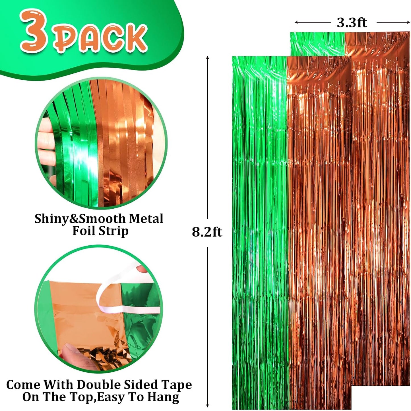 3 Pack 3.3 x 8.2 ft Green and Brown Foil Fringe Backdrop Curtains, Tinsel Streamers Party Decorations, Fringe Backdrop, Door Shimmer for Super Bowl or Birthday Party