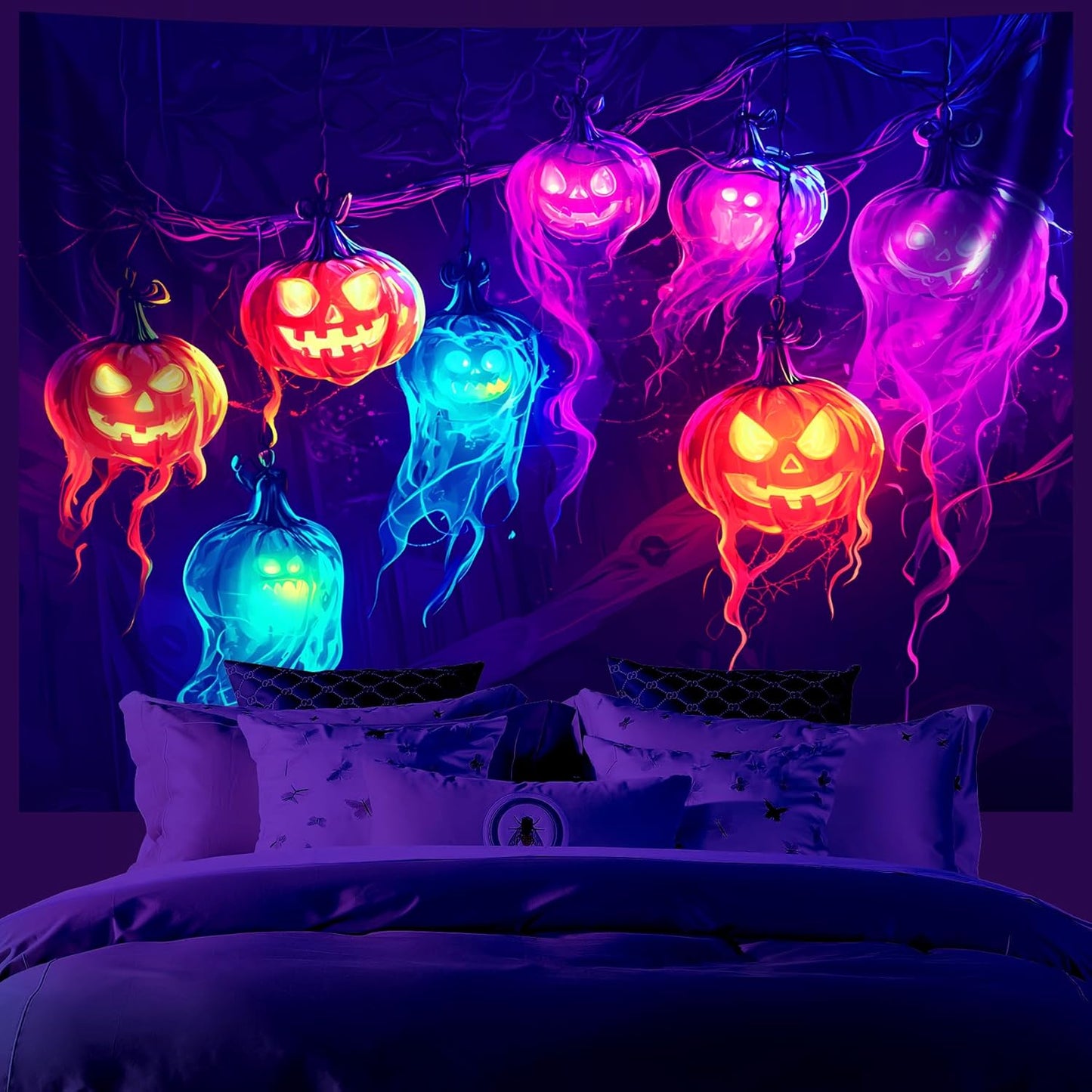 AOHMPT Glow-in-the-Dark Halloween Tapestry - UV Reactive Black Light Wall Hanging Decor for Spooky Parties, Bedroom, Living Room (Jack-o'-lantern, 59" L x 51" W, Unframed)