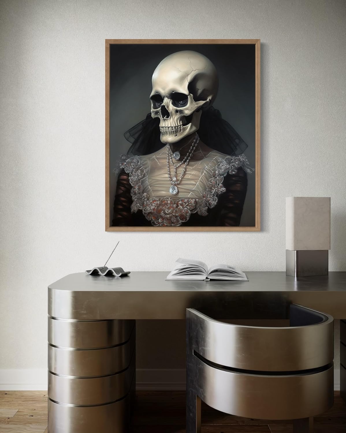 Female Skull Poster Art Print, Halloween Scary Vintage Wall Art Academia Spooky Painting Decoration for Horror Prints, Gothic Posters Bedroom Decor 89 (Female Skull, 8 x 10 inches, Wood Frame)