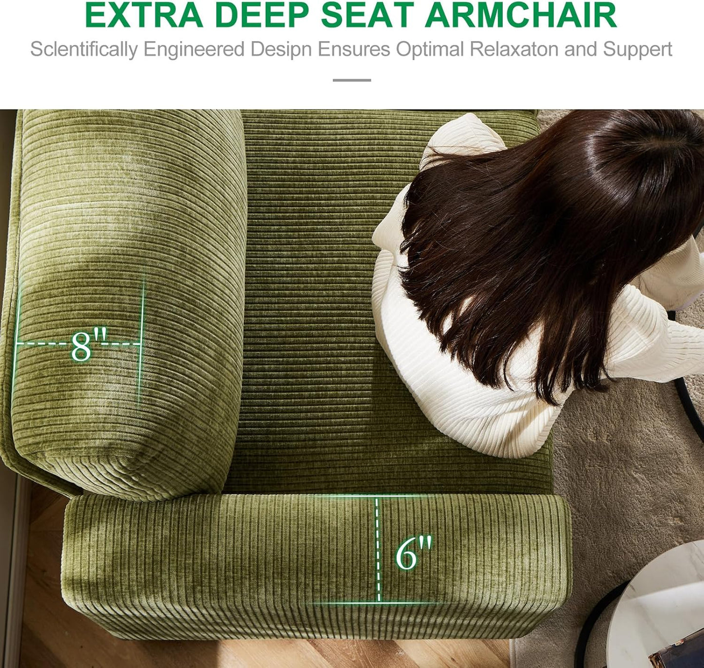 38.5 Oversized Accent Chair with Storage Green Corduroy Set of 2, Single Modern Accent Sofa Chair with Arms for Apartment Living Room (21" Deep Seat)