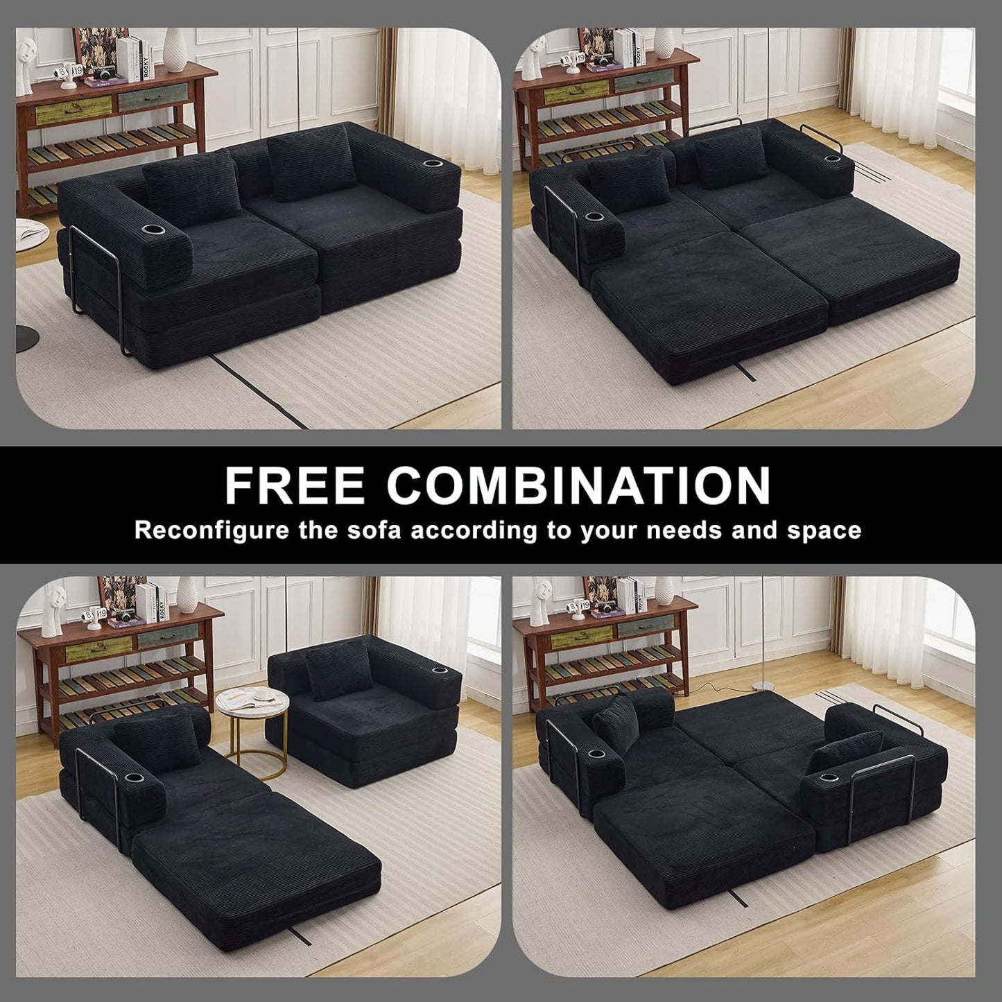 78" W Loveseat Sofa, 4 in 1 Convertible Floor Sofa Bed, Boneless Cloud Couch with Cup Holder, Fold Out Floor Couch, Loveseat Recliner Sleeper for Living Room Bedroom Lounge(Corduroy, White)