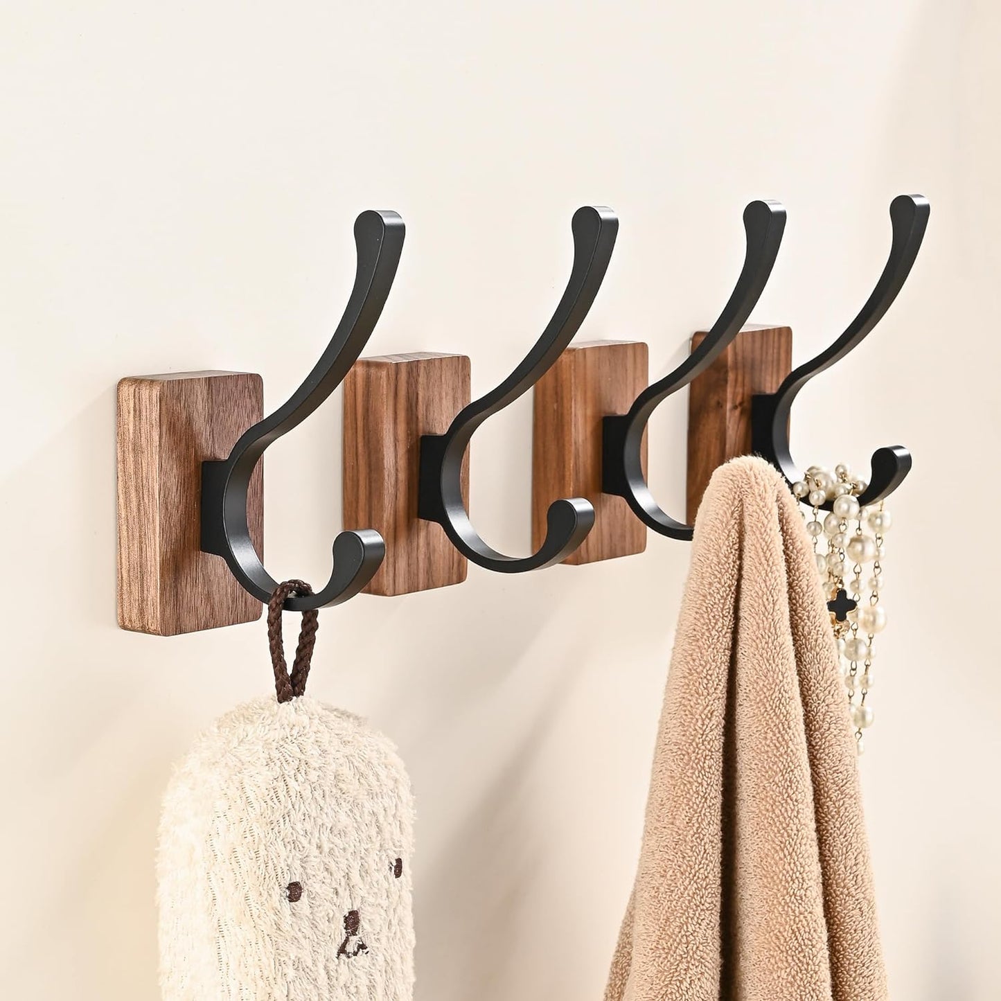 4 Pack Wooden Wall Hooks for Hanging, Adhesive Mounted & Wall Mount Nature Wood Coat Hooks for Towel Clothes Blanket Hat Backpack Robe Nursery Door Board Entryway Key Holder