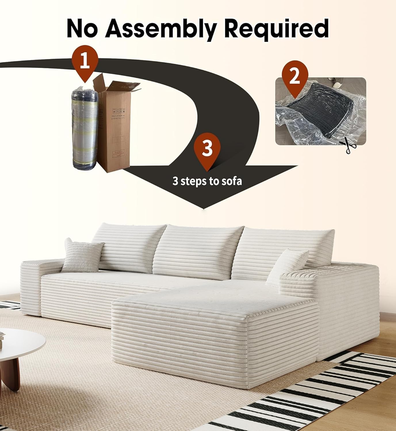 108" Sectional Couches for Living Room Modern Modular Sofa with L-Shape Couchs Upholstered Boneless Couch Deep Seat Sectional Couch with Chaise (White, Right Facing Chaise+2Seaters)