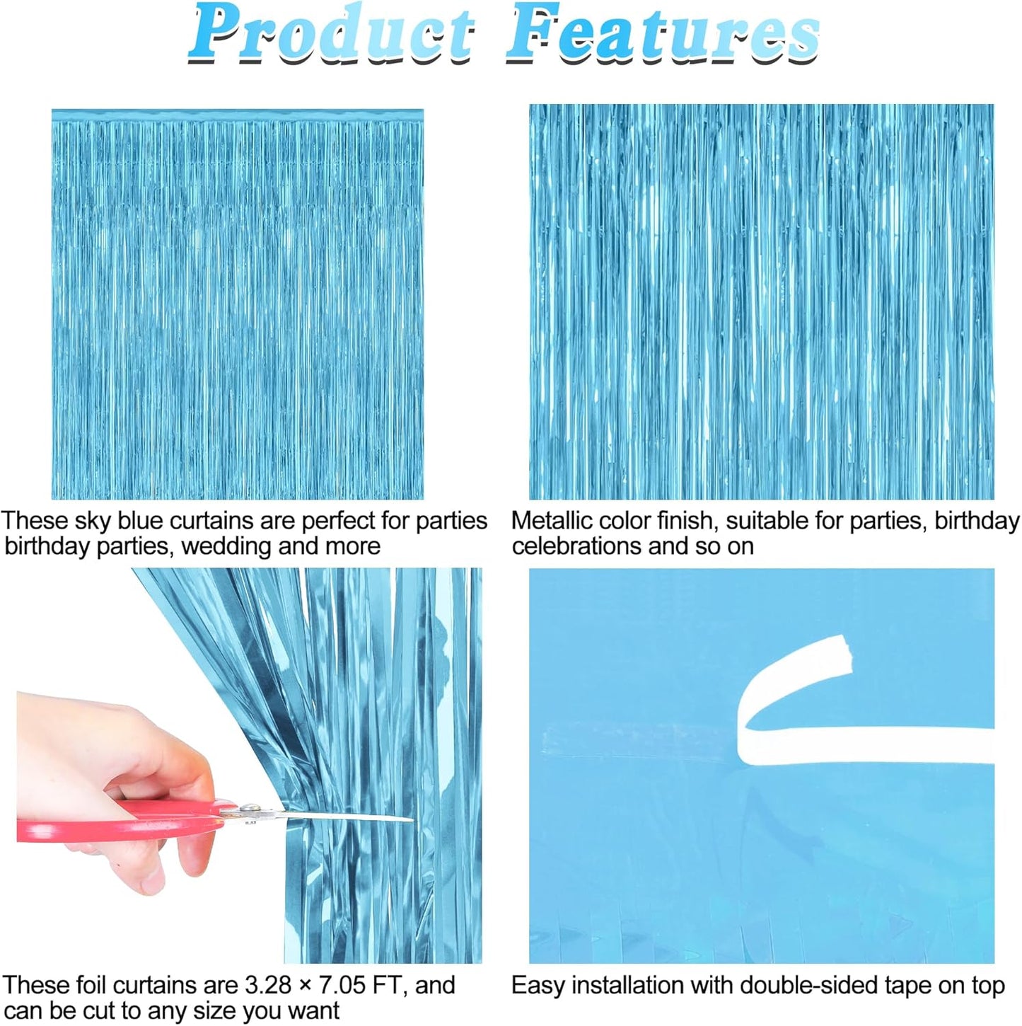 4 Pack Party Decorations, 3.28 FT x 7.05 FT Blue Foil Streamers, Metallic Sky Blue Backdrop Fringe Curtains Bithday Back Drop, Winter Backdrop for Party Supplies Door Decor Hanging