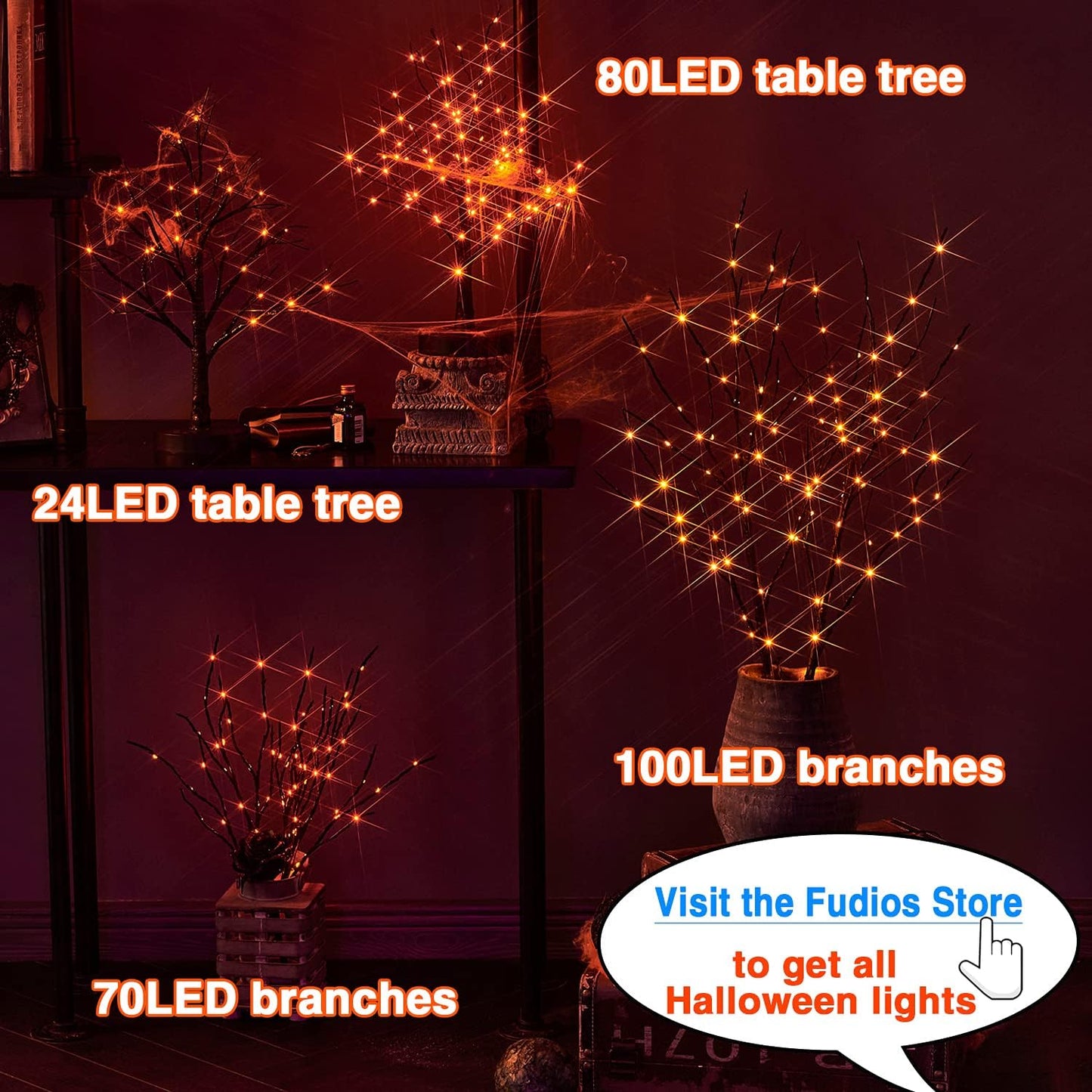 Fudios Halloween Lighted Branches with Timer 100 LED Orange Fairy Lights 32IN, Black Tree Branch Lights Battery Operated for Home Party Mantle Decoration